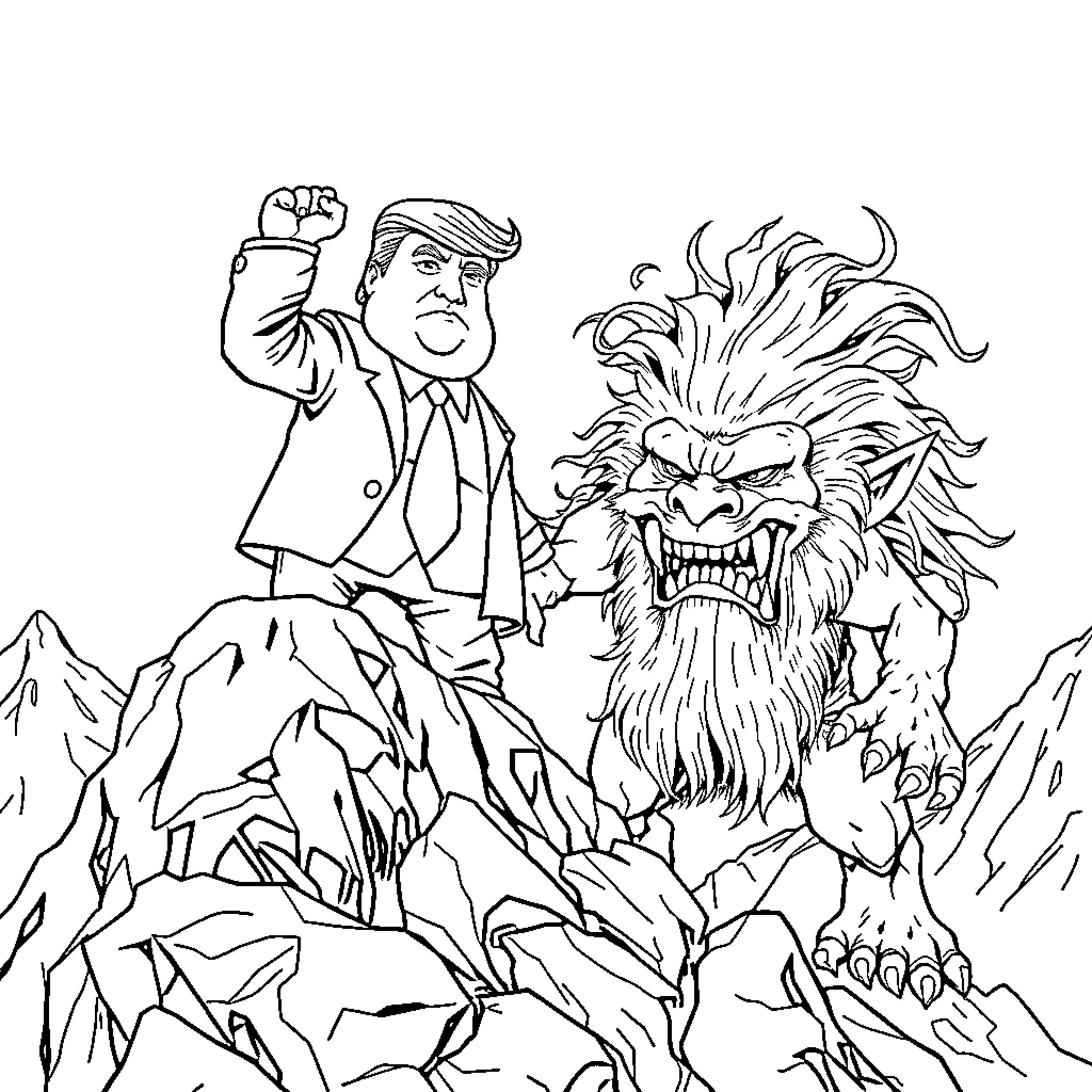 Donald Trump confronting a fierce mountain beast Coloring Page (free black-and-white line drawing printable PDF for all, from beginners to advanced learners, including children, teens, adults, and seniors)