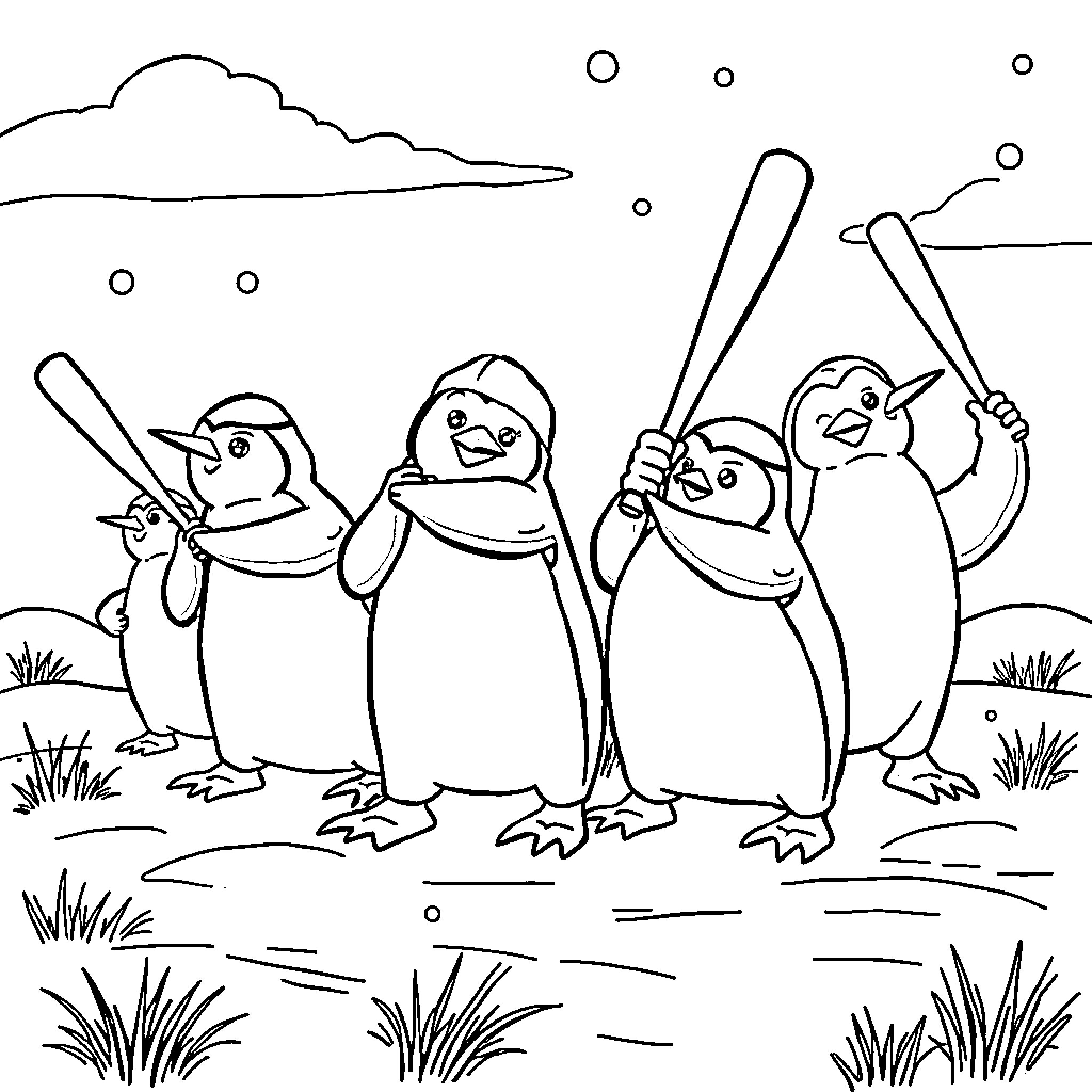 Penguin baseball team playing on field Coloring Page (free black-and-white line drawing printable PDF for all, from beginners to advanced learners, including children, teens, adults, and seniors)