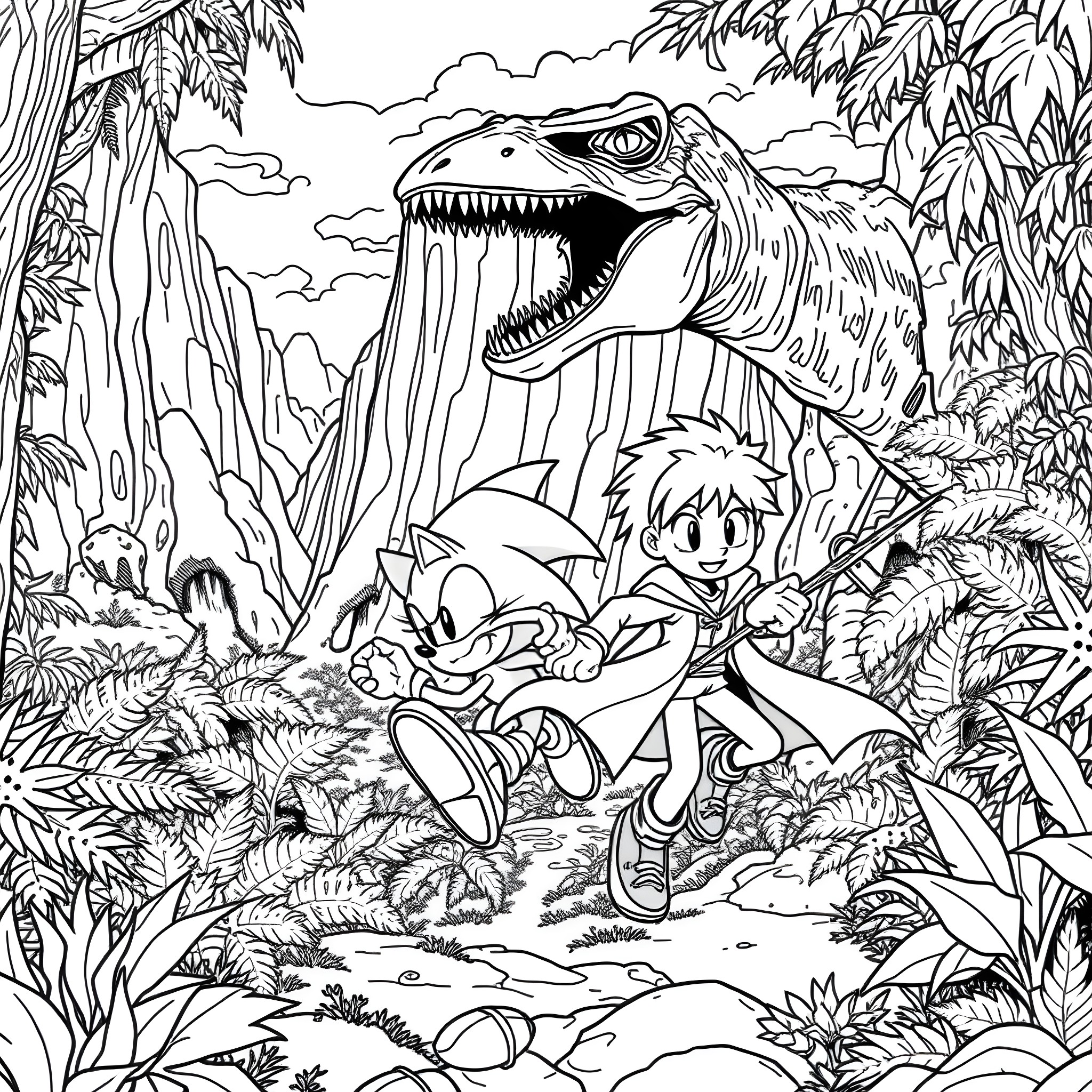 Sonic's Adventure in the Prehistoric Jungle Coloring Page (free black-and-white line drawing printable PDF for all, from beginners to advanced learners, including children, teens, adults, and seniors)