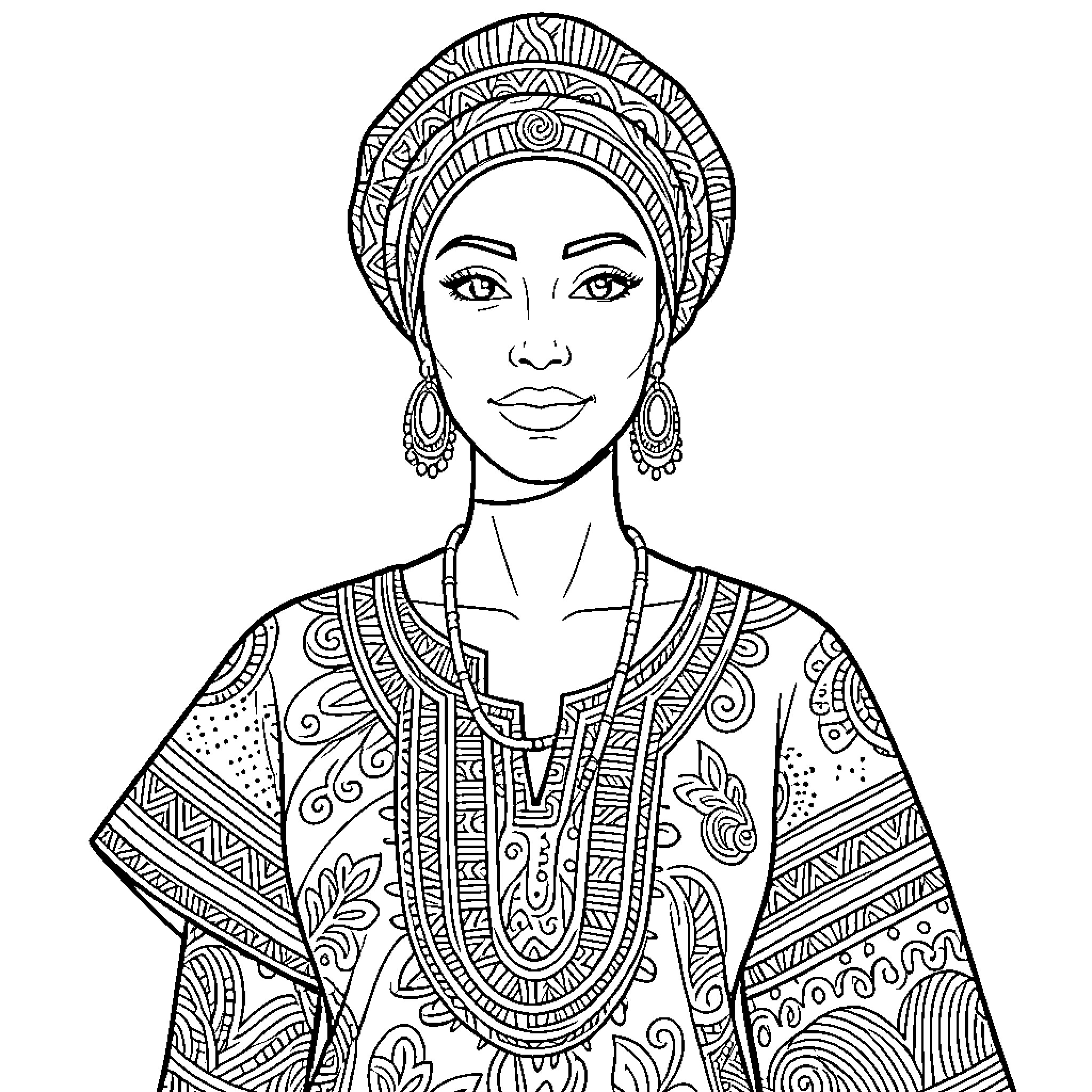 Woman wearing traditional patterned clothing and headwrap Coloring Page (free black-and-white line drawing printable PDF for all, from beginners to advanced learners, including children, teens, adults, and seniors)