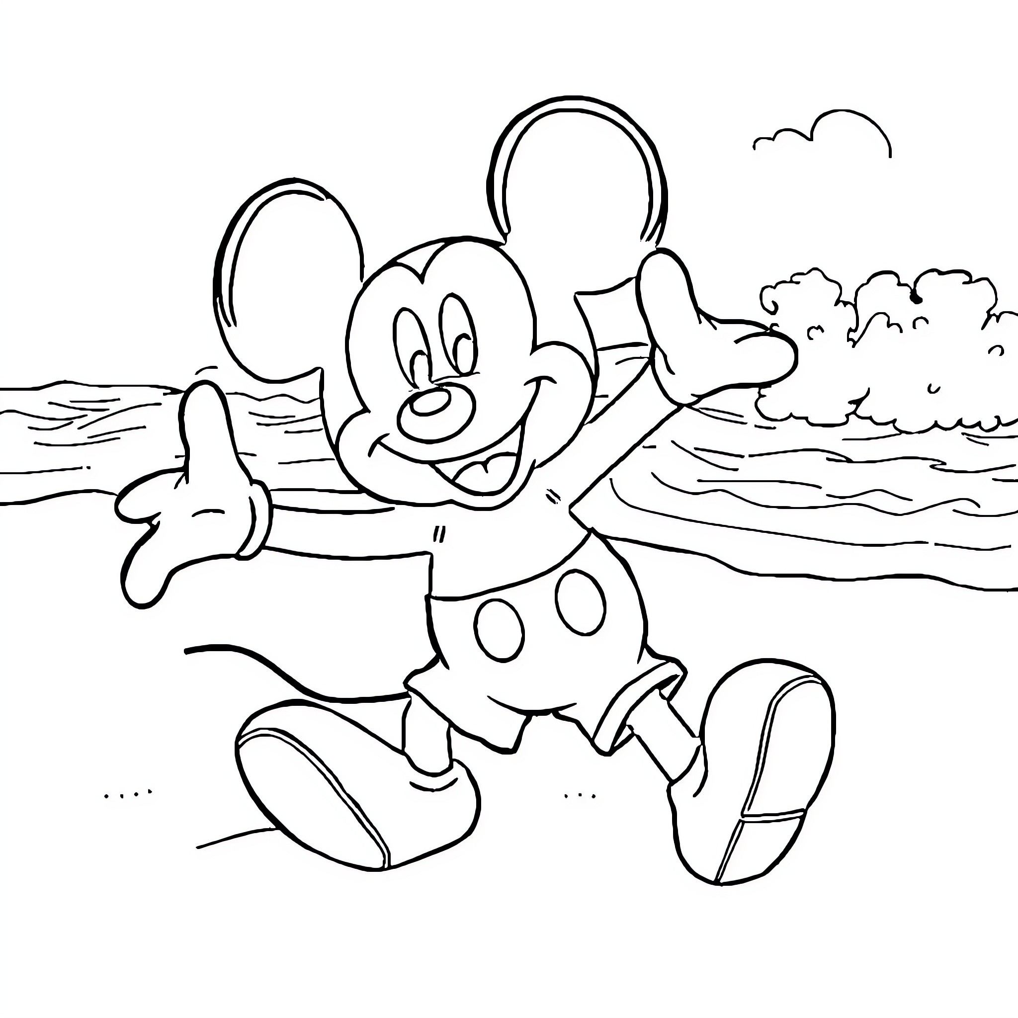 Mickey playing happily on the beach Coloring Page (free black-and-white line drawing printable PDF for all, from beginners to advanced learners, including children, teens, adults, and seniors)