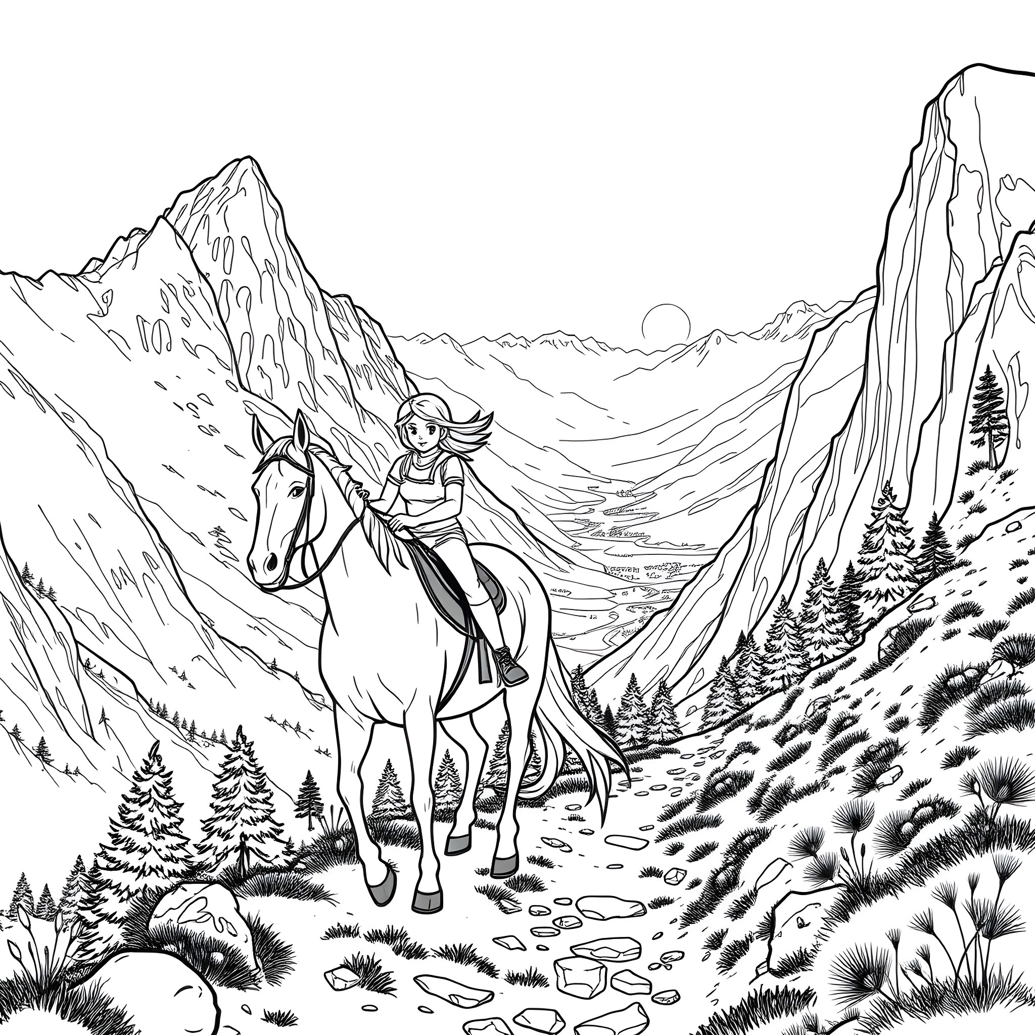 Girl riding horse through majestic mountain landscape Coloring Page (free black-and-white line drawing printable PDF for all, from beginners to advanced learners, including children, teens, adults, and seniors)