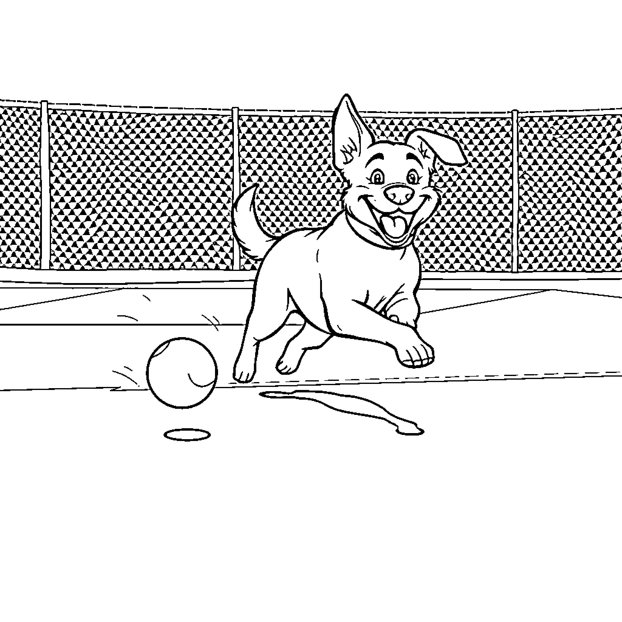 Dog playing joyfully with ball on sports field Coloring Page (free black-and-white line drawing printable PDF for all, from beginners to advanced learners, including children, teens, adults, and seniors)