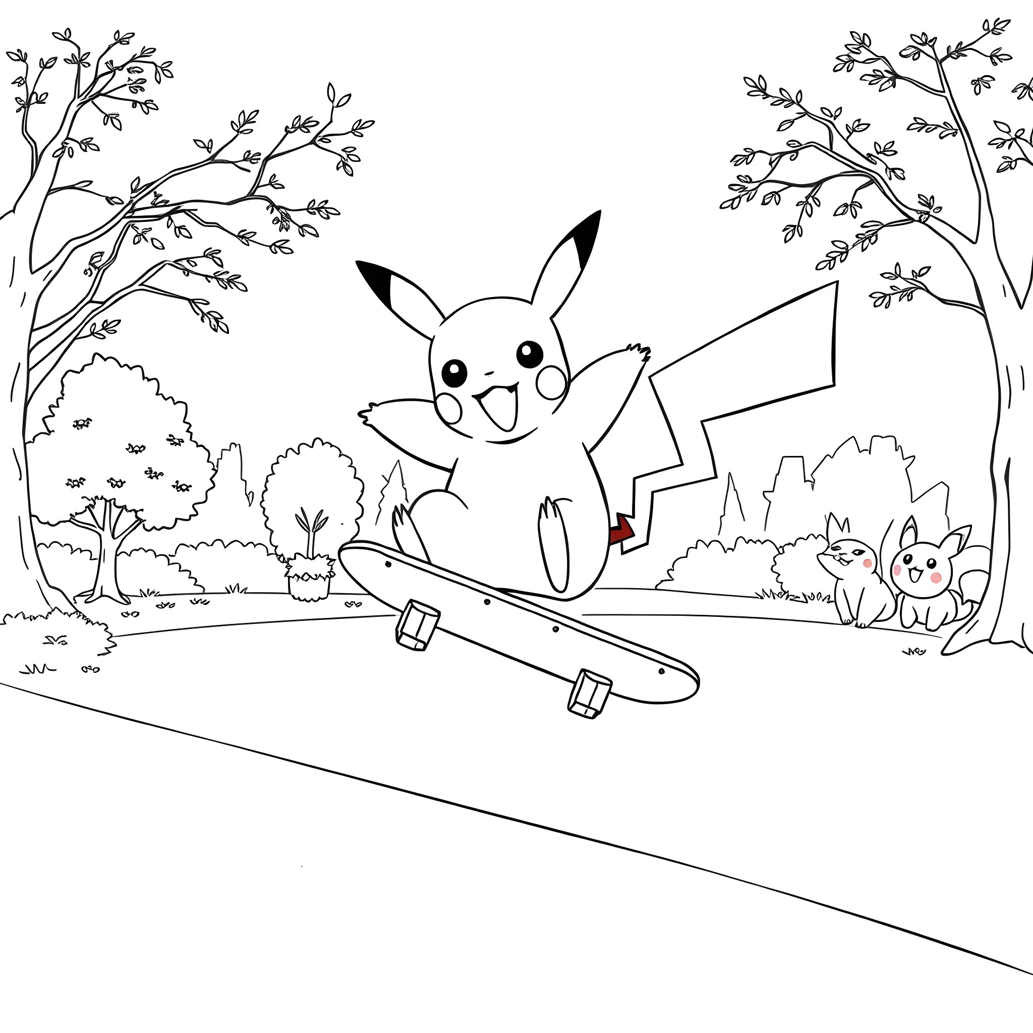 Pikachu enjoying skateboarding in the park Coloring Page (free black-and-white line drawing printable PDF for all, from beginners to advanced learners, including children, teens, adults, and seniors)