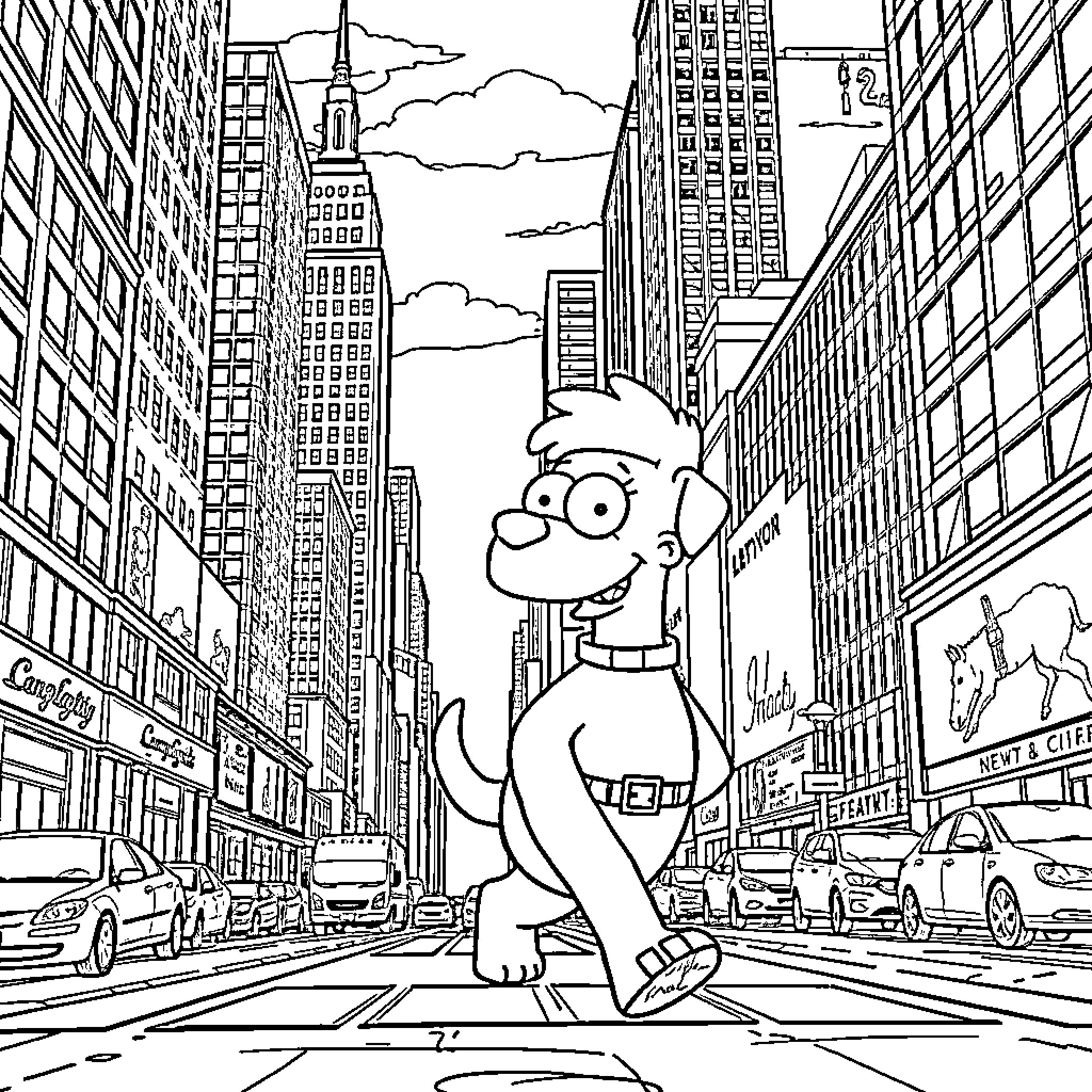 Homer Dog exploring the bustling city streets Coloring Page (free black-and-white line drawing printable PDF for all, from beginners to advanced learners, including children, teens, adults, and seniors)