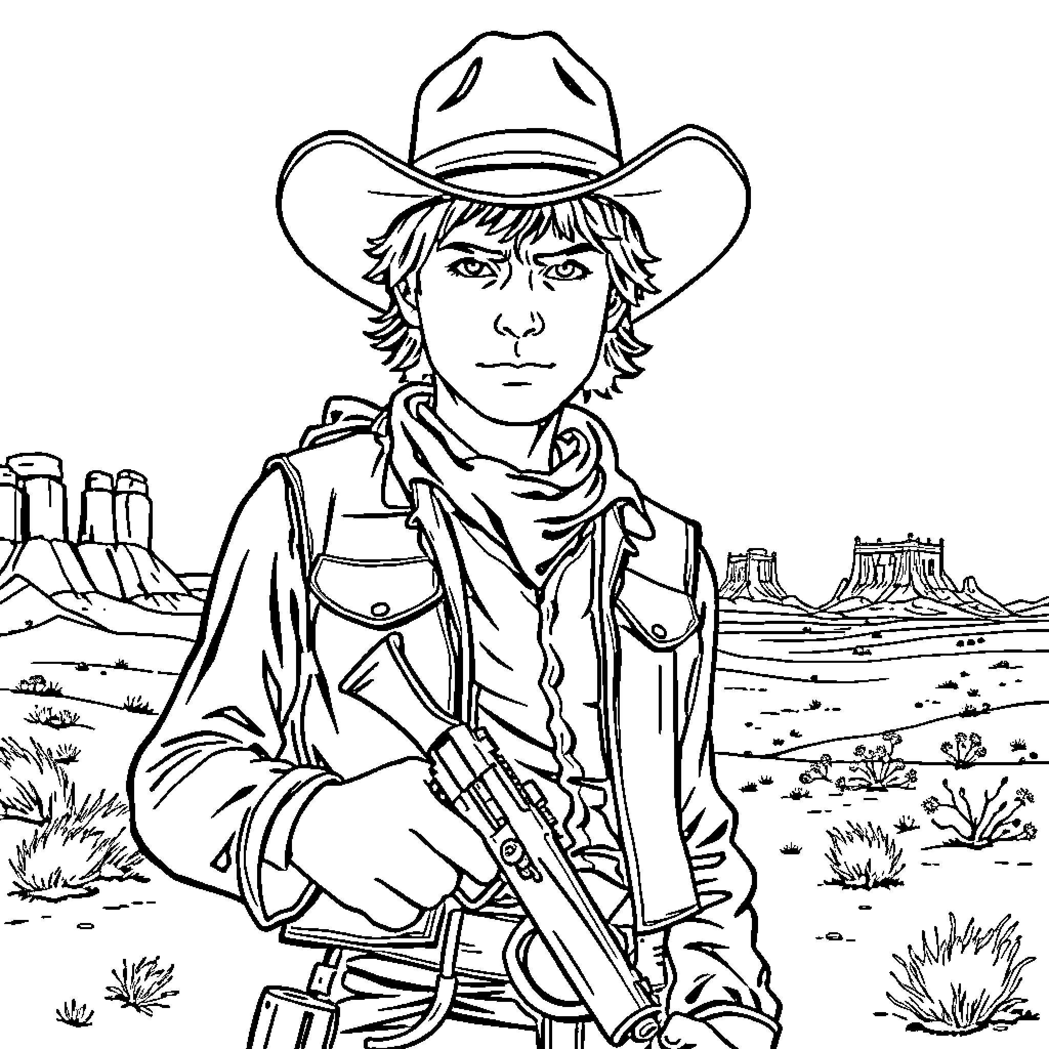 Billy the Kid in the Wild West Landscape Coloring Page (free black-and-white line drawing printable PDF for all, from beginners to advanced learners, including children, teens, adults, and seniors)
