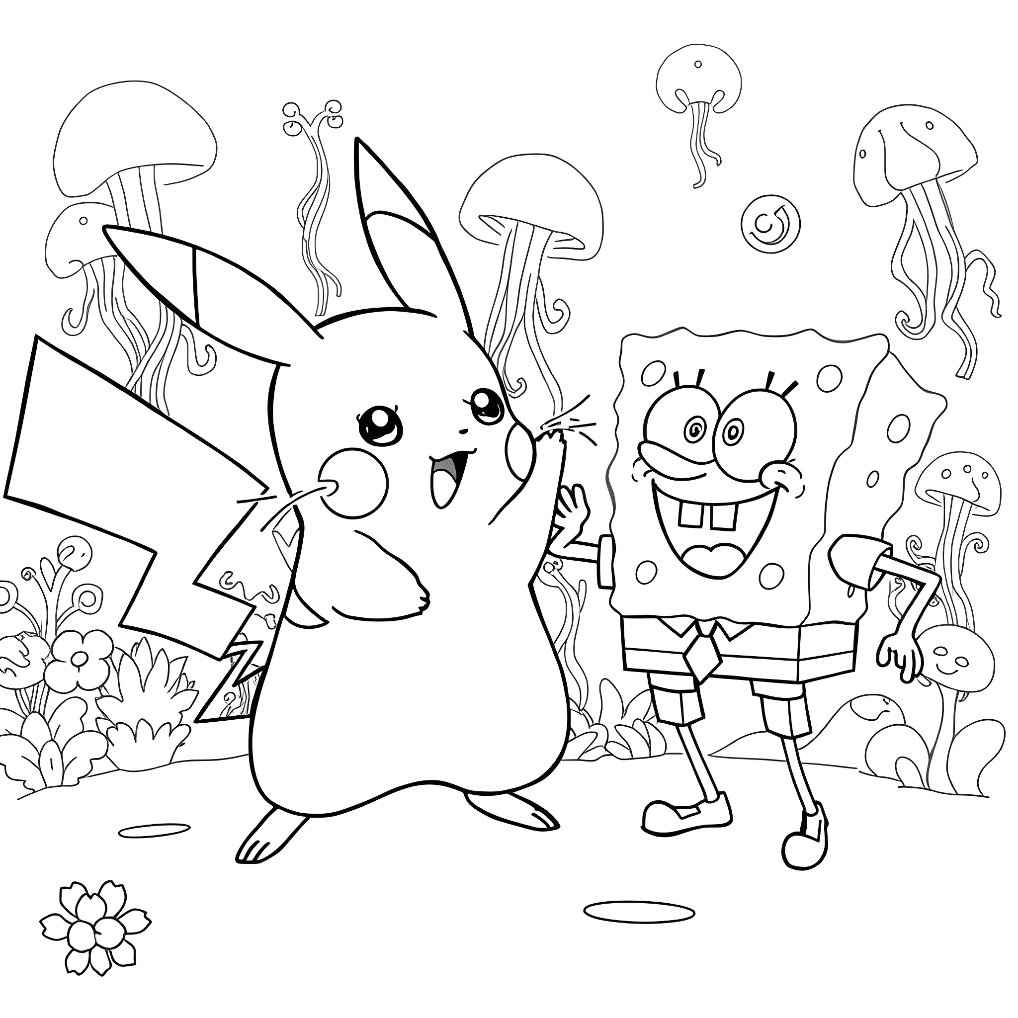 Pikachu and SpongeBob's Underwater Adventure Coloring Page (free black-and-white line drawing printable PDF for all, from beginners to advanced learners, including children, teens, adults, and seniors)