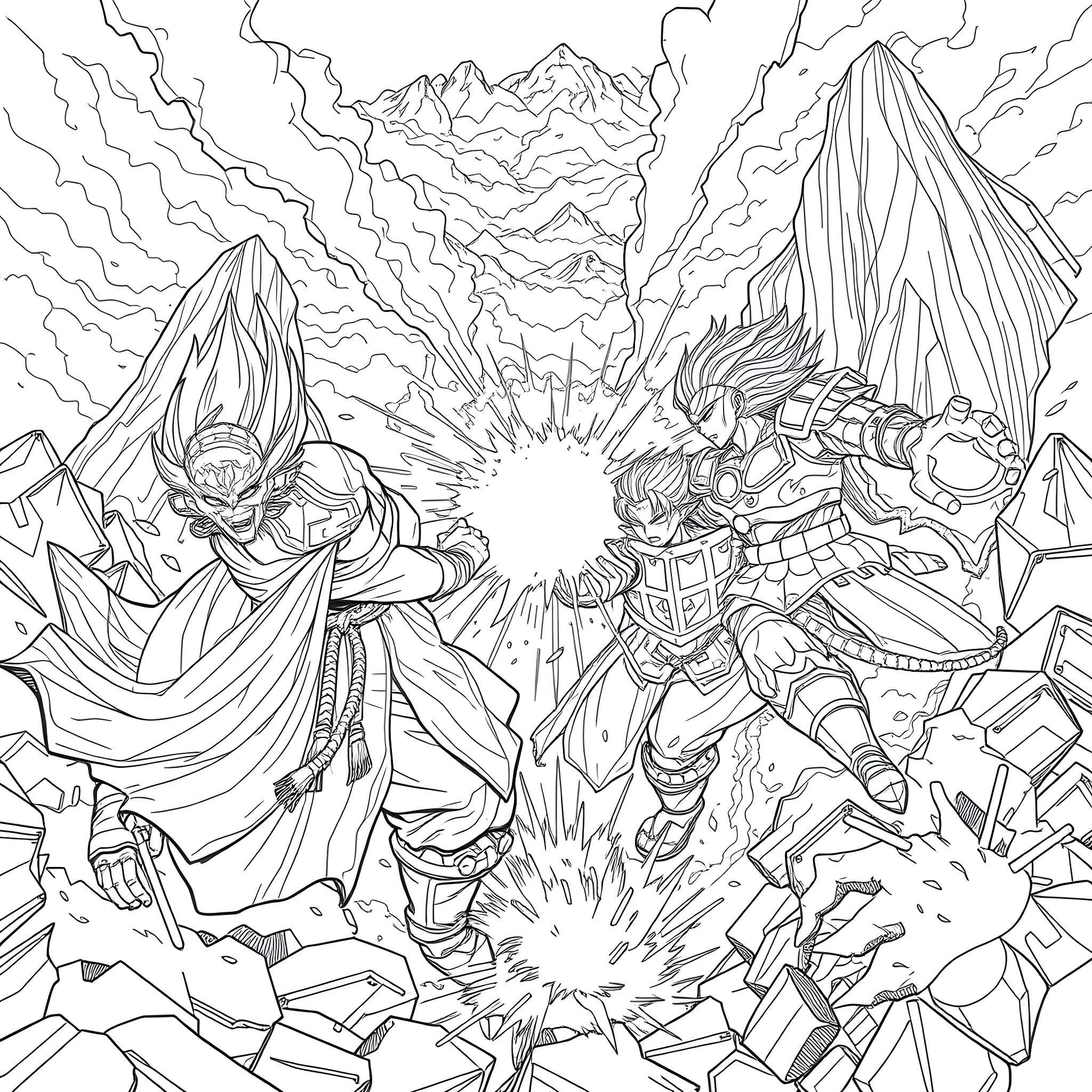 Dragon Ball Z Epic Battle Across Rugged Terrain Coloring Page (free black-and-white line drawing printable PDF for all, from beginners to advanced learners, including children, teens, adults, and seniors)