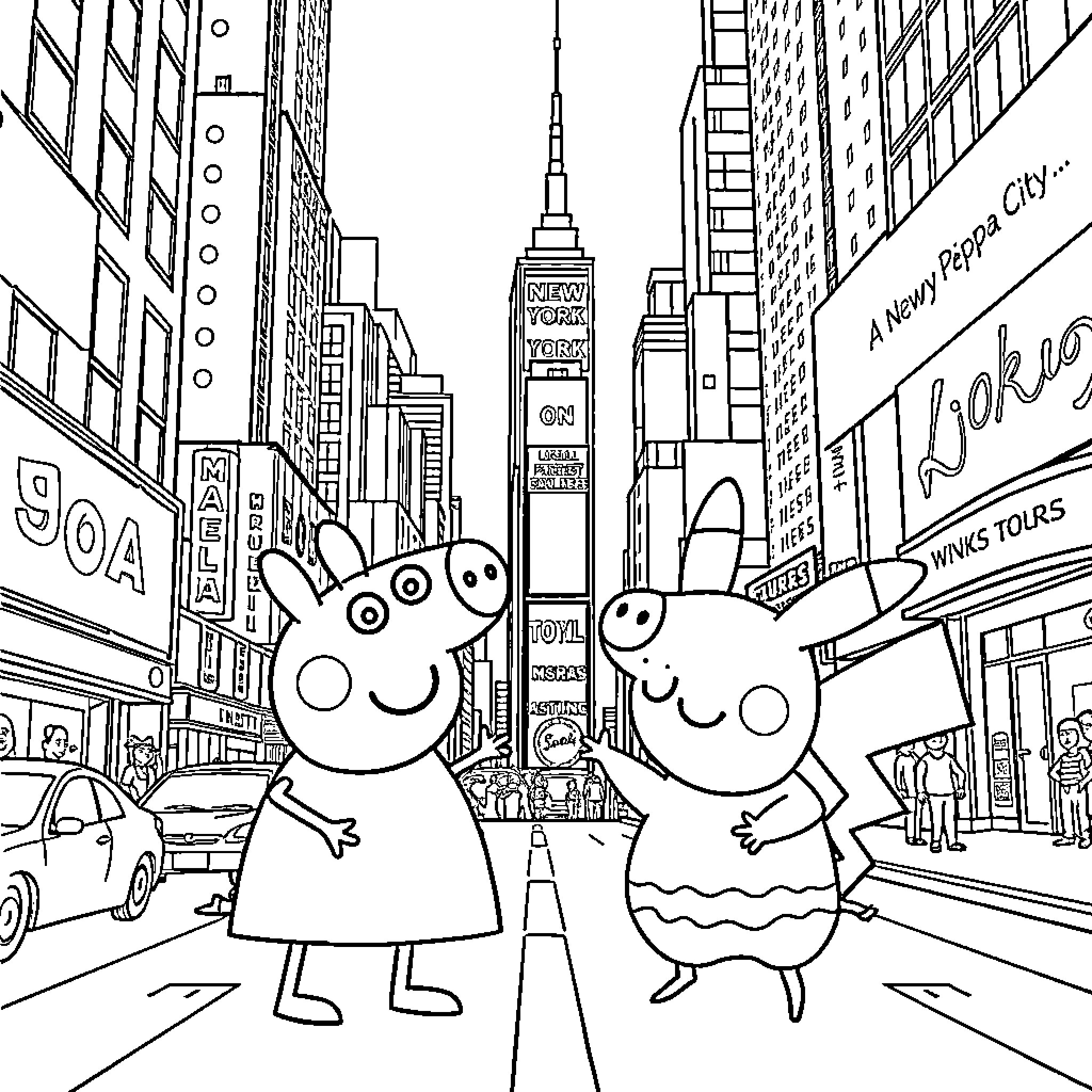 Peppa Pig and friends explore New York City Coloring Page (free black-and-white line drawing printable PDF for all, from beginners to advanced learners, including children, teens, adults, and seniors)