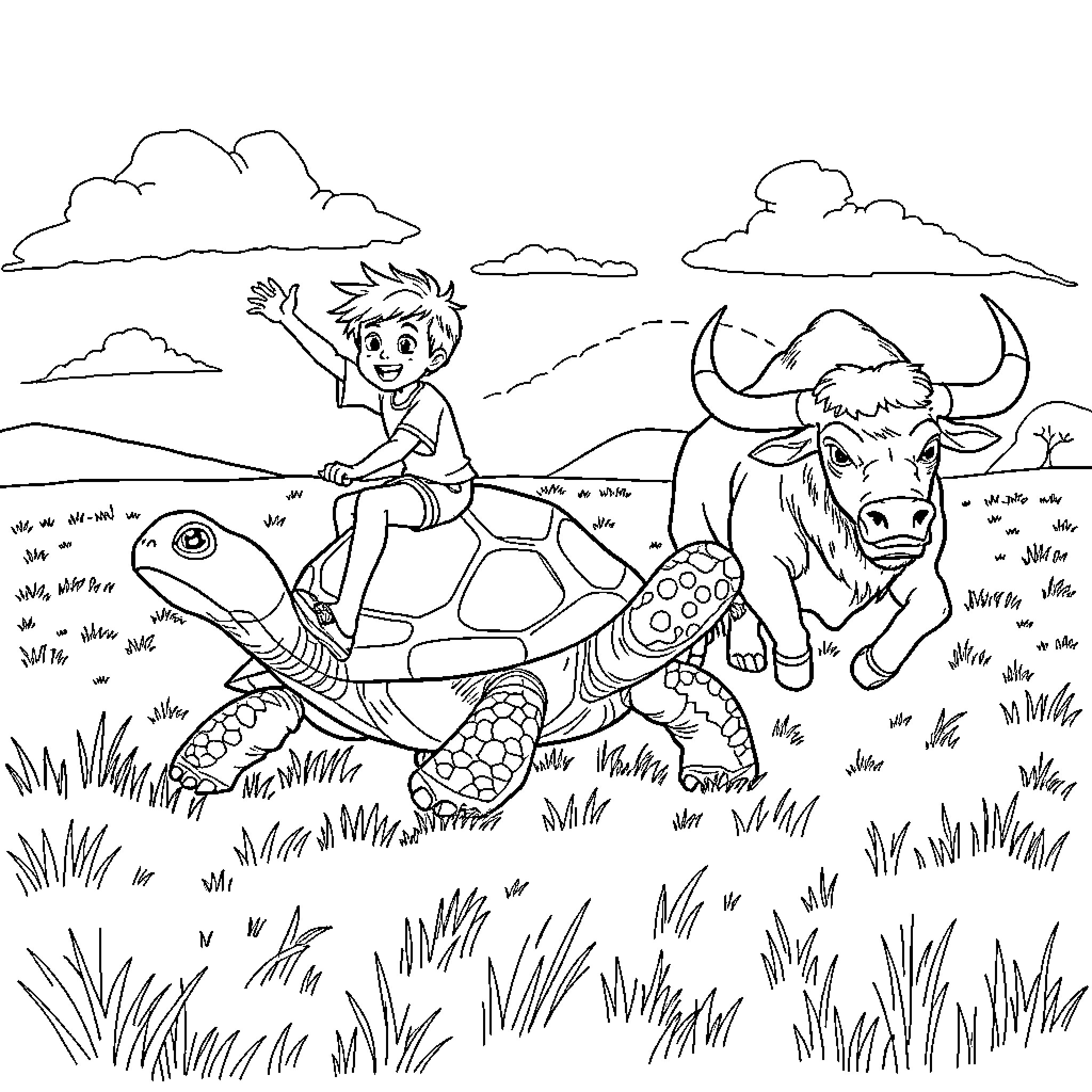 Boy riding giant turtle through grassy meadow with buffalo Coloring Page (free black-and-white line drawing printable PDF for all, from beginners to advanced learners, including children, teens, adults, and seniors)