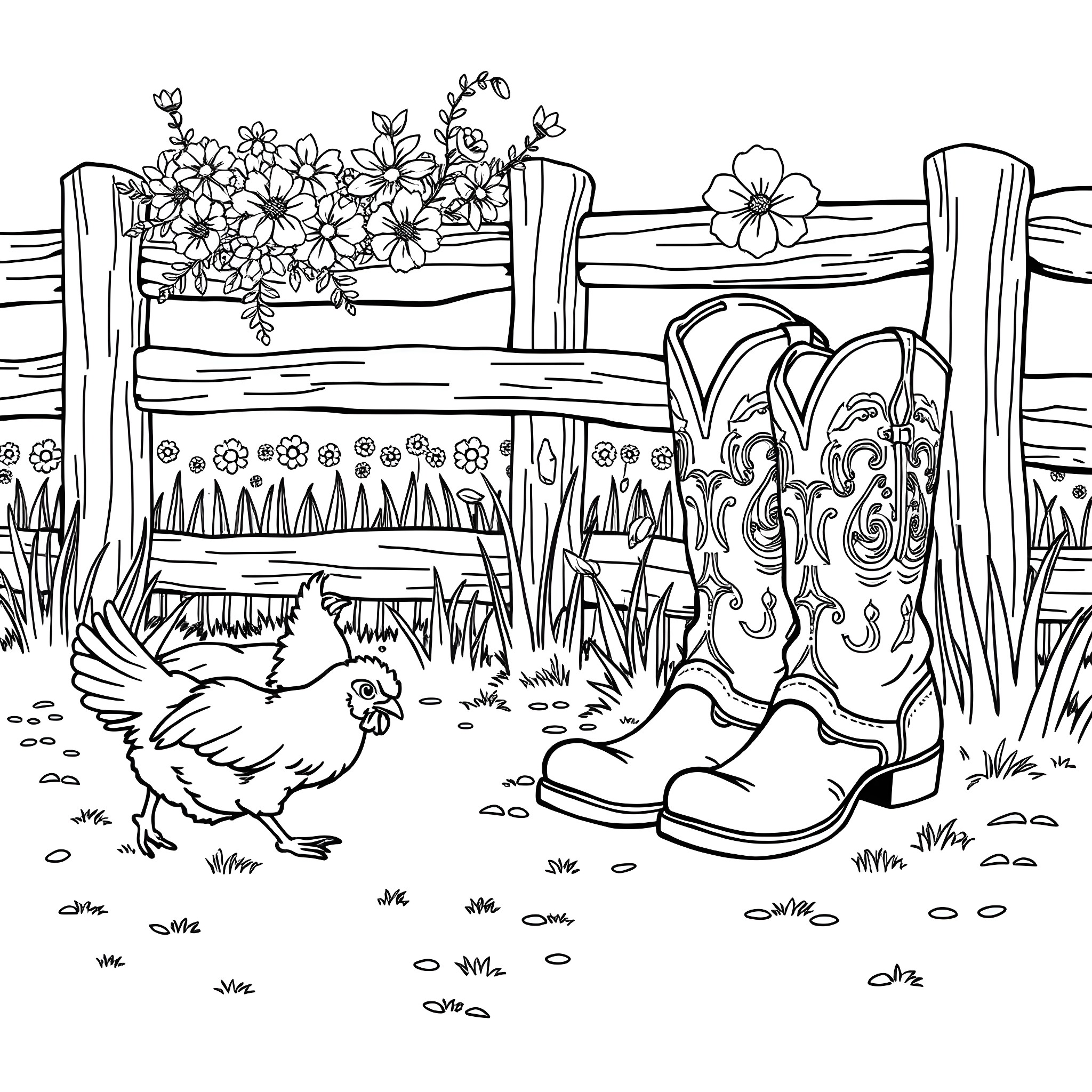 Chicken and Cowboy Boots in Flower Garden Coloring Page (free black-and-white line drawing printable PDF for all, from beginners to advanced learners, including children, teens, adults, and seniors)