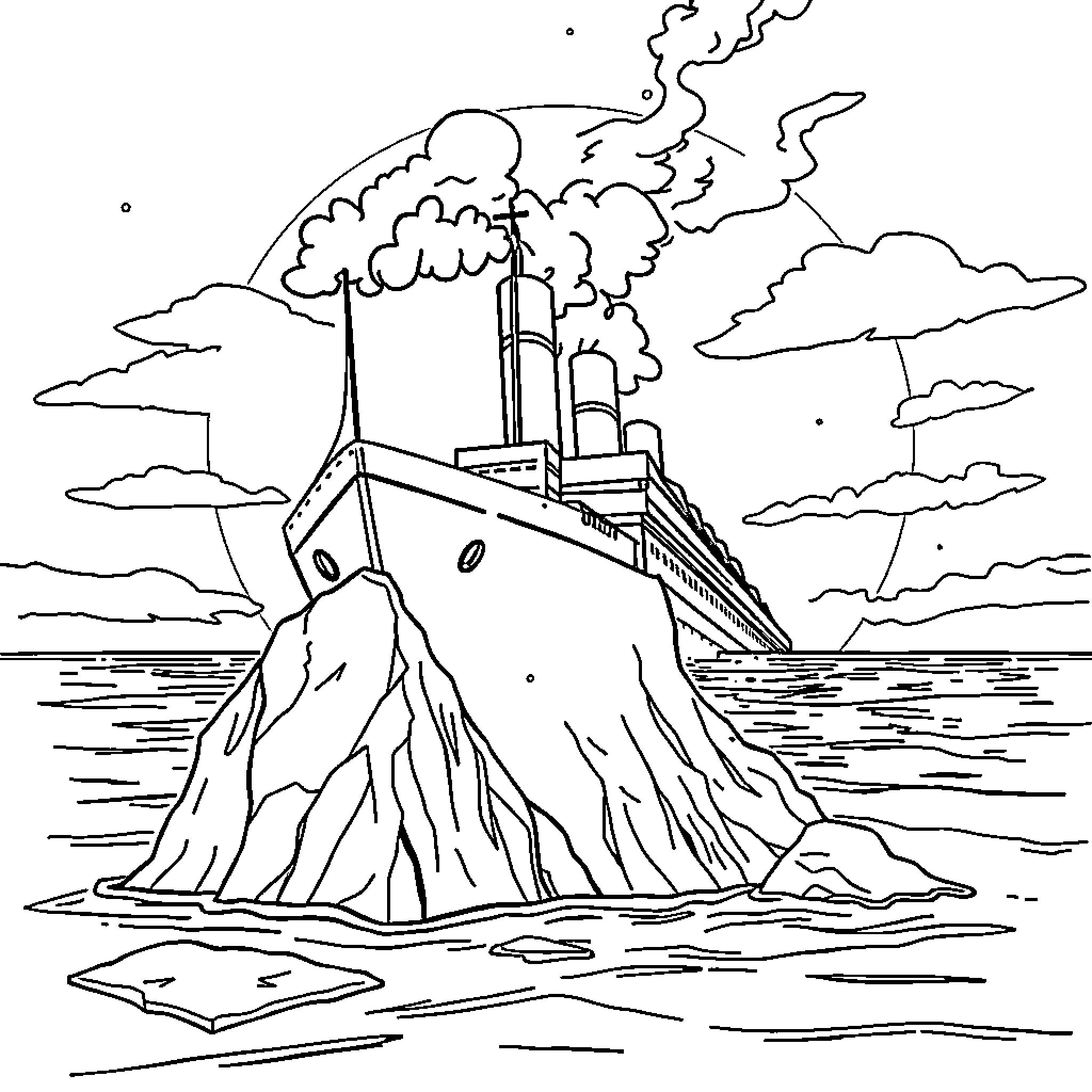 Titanic Ship Sinking in the Stormy Sea Coloring Page (free black-and-white line drawing printable PDF for all, from beginners to advanced learners, including children, teens, adults, and seniors)