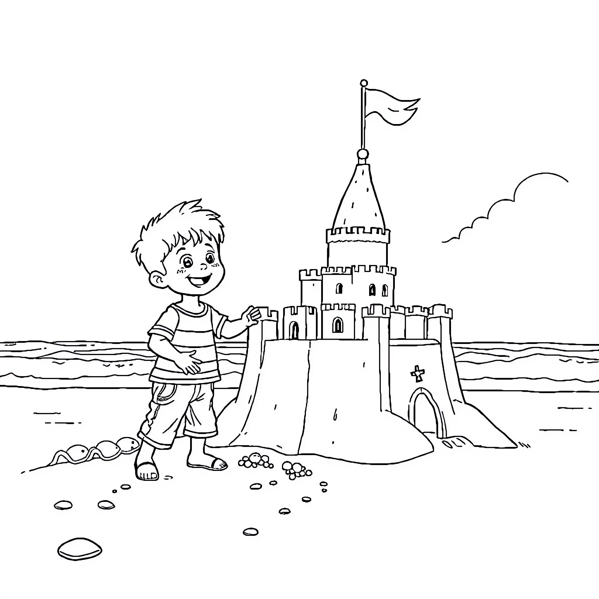 Garçon Building Sandcastle at the Beach Coloring Page (free black-and-white line drawing printable PDF for all, from beginners to advanced learners, including children, teens, adults, and seniors)
