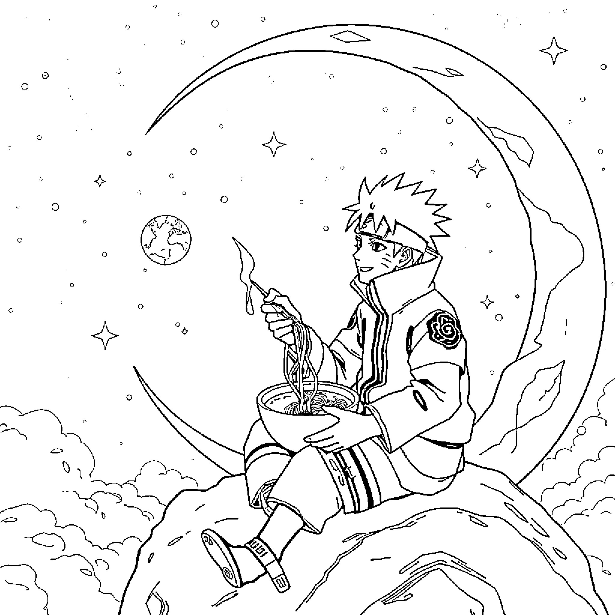 Naruto gazing at the night sky with determination Coloring Page (free black-and-white line drawing printable PDF for all, from beginners to advanced learners, including children, teens, adults, and seniors)