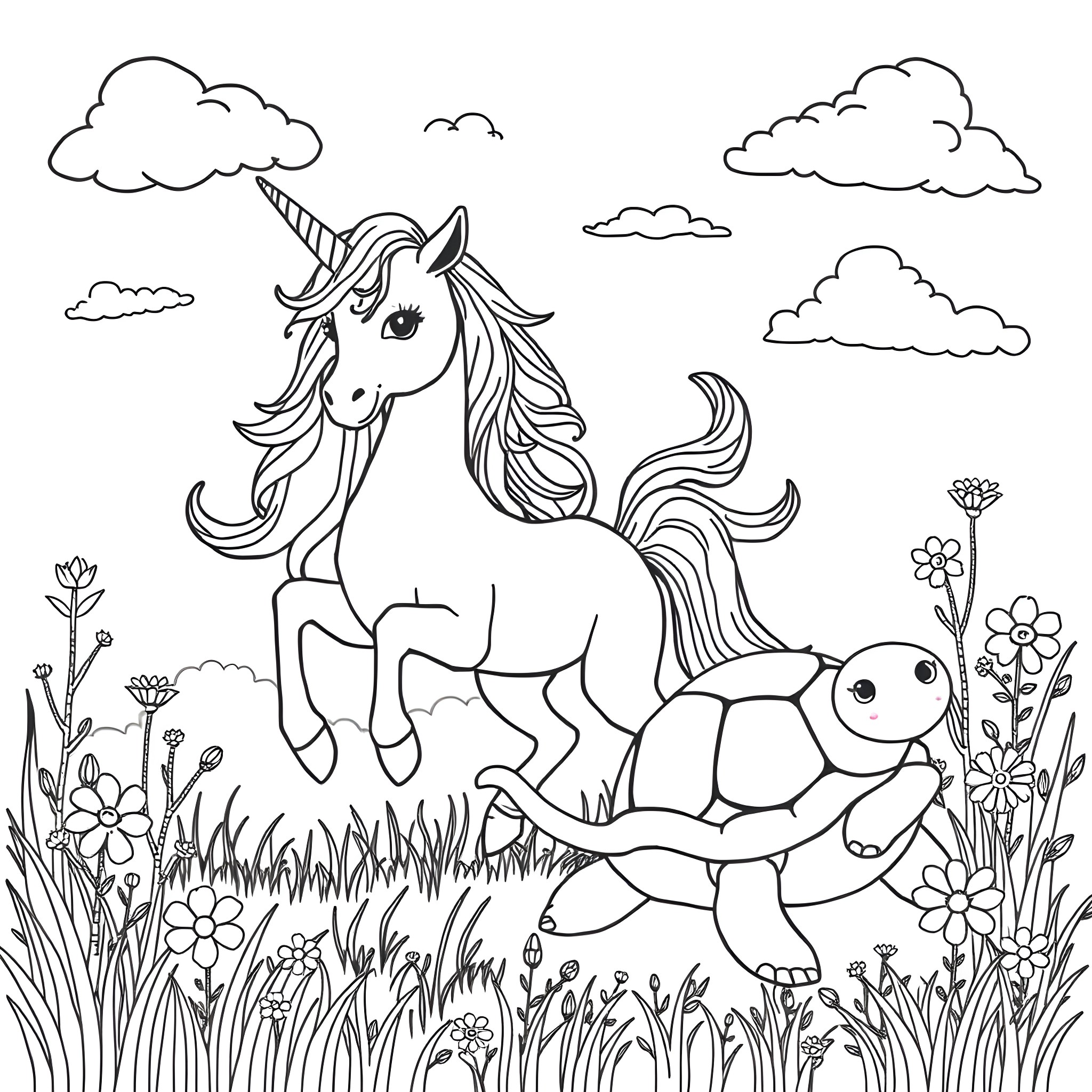 Unicorn and turtle exploring the magical meadow Coloring Page (free black-and-white line drawing printable PDF for all, from beginners to advanced learners, including children, teens, adults, and seniors)