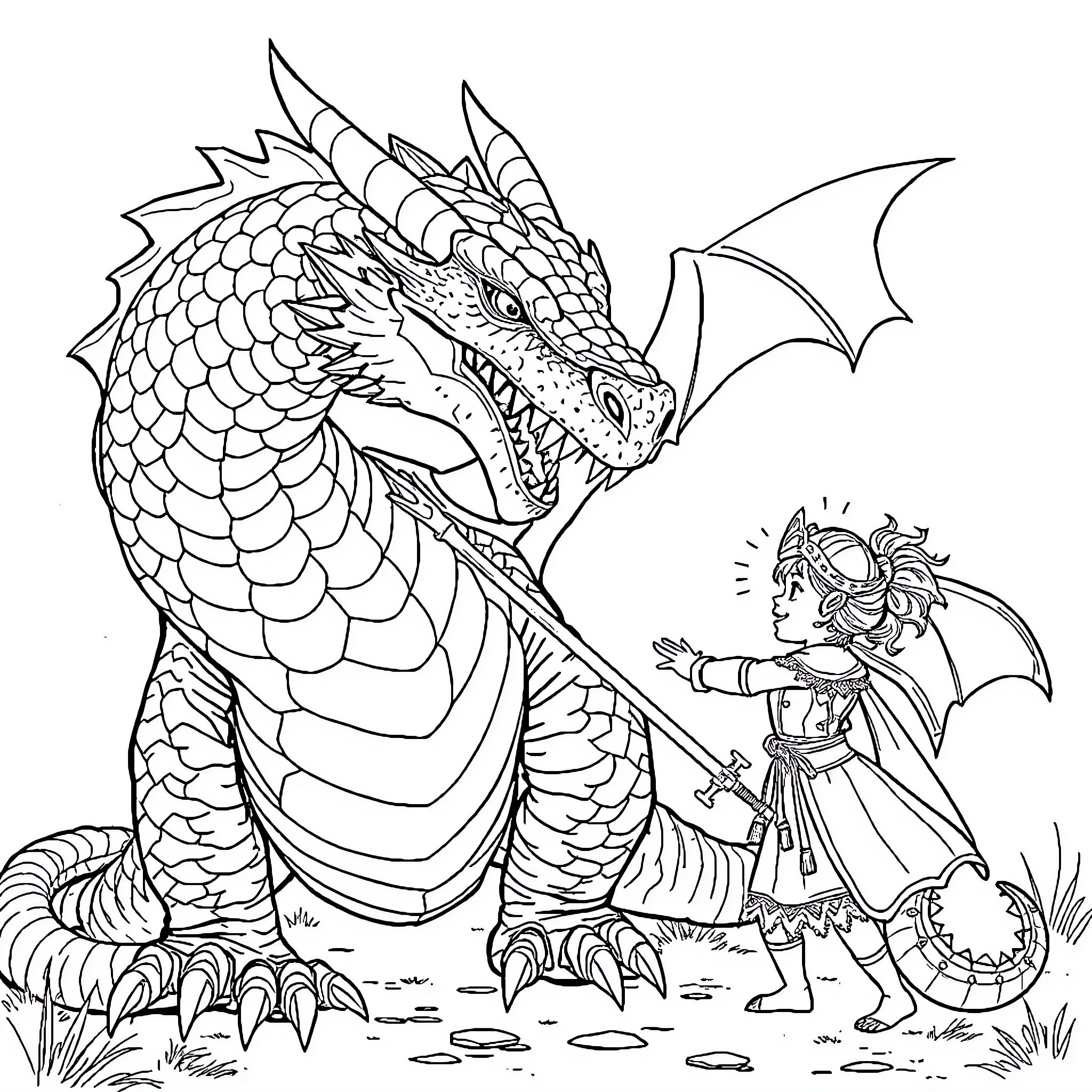 Dragon and Princess in Magical Encounter Coloring Page (free black-and-white line drawing printable PDF for all, from beginners to advanced learners, including children, teens, adults, and seniors)