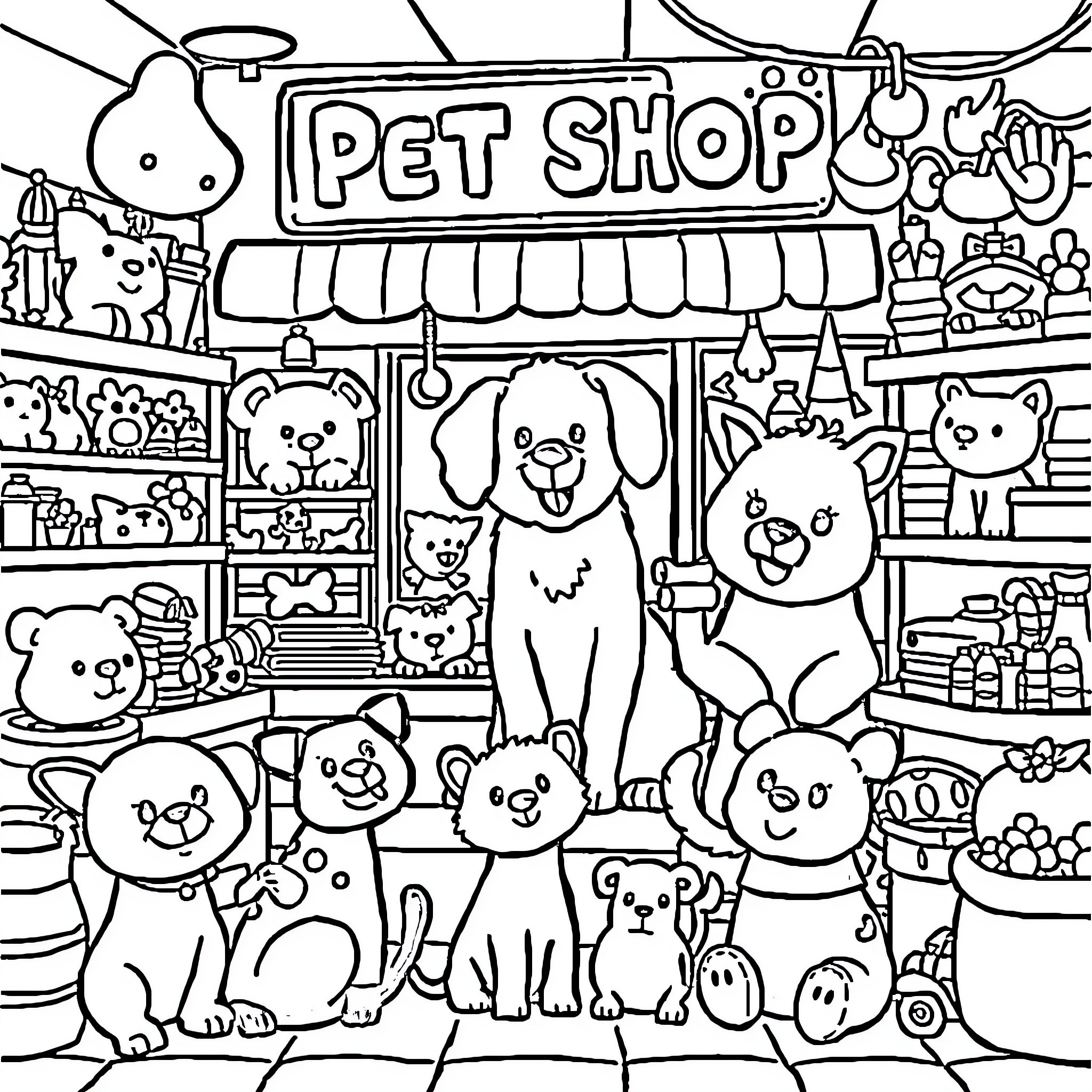 Pet Shop Filled with Friendly Animals and Toys Coloring Page (free black-and-white line drawing printable PDF for all, from beginners to advanced learners, including children, teens, adults, and seniors)
