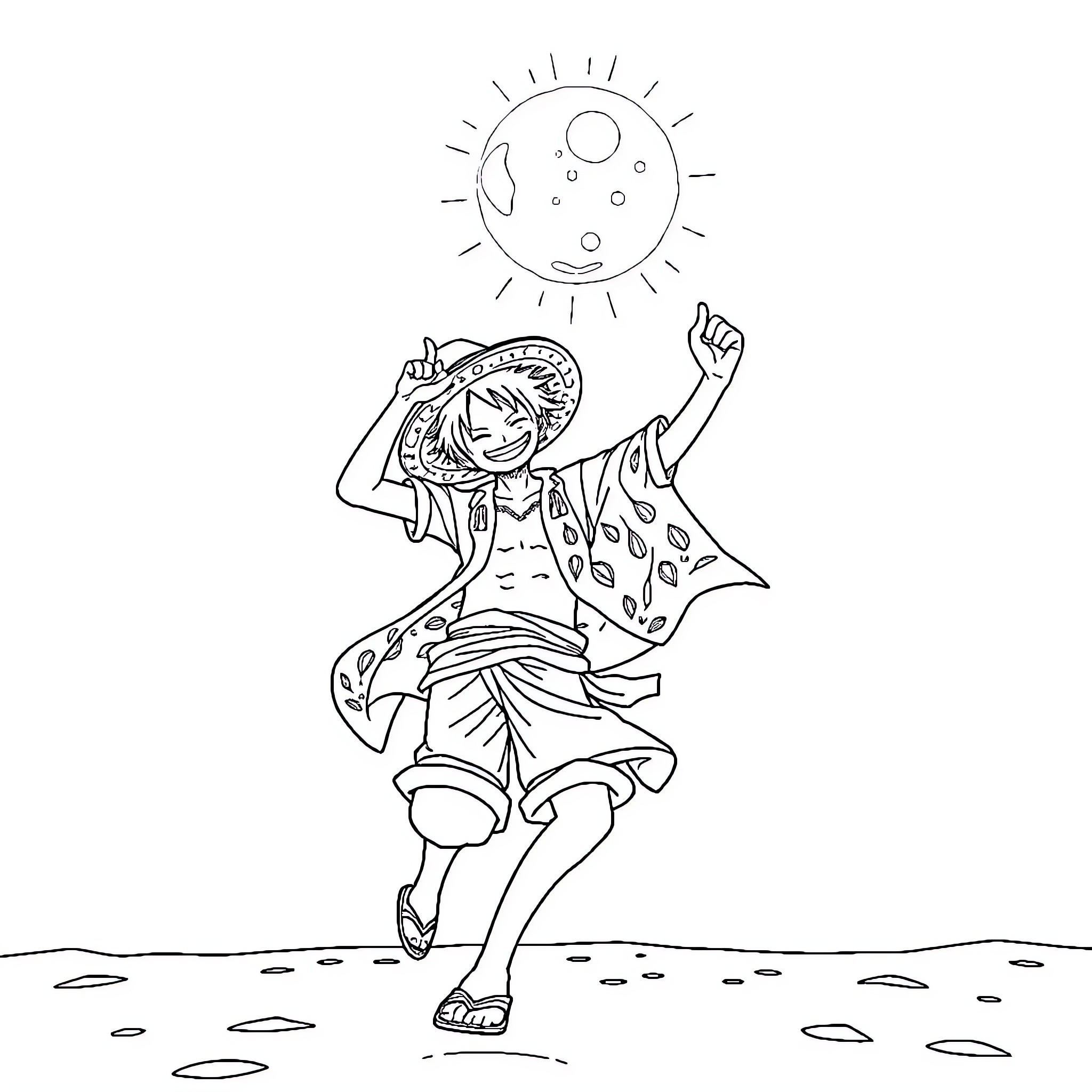 Luffy dancing joyfully under the sun Coloring Page (free black-and-white line drawing printable PDF for all, from beginners to advanced learners, including children, teens, adults, and seniors)