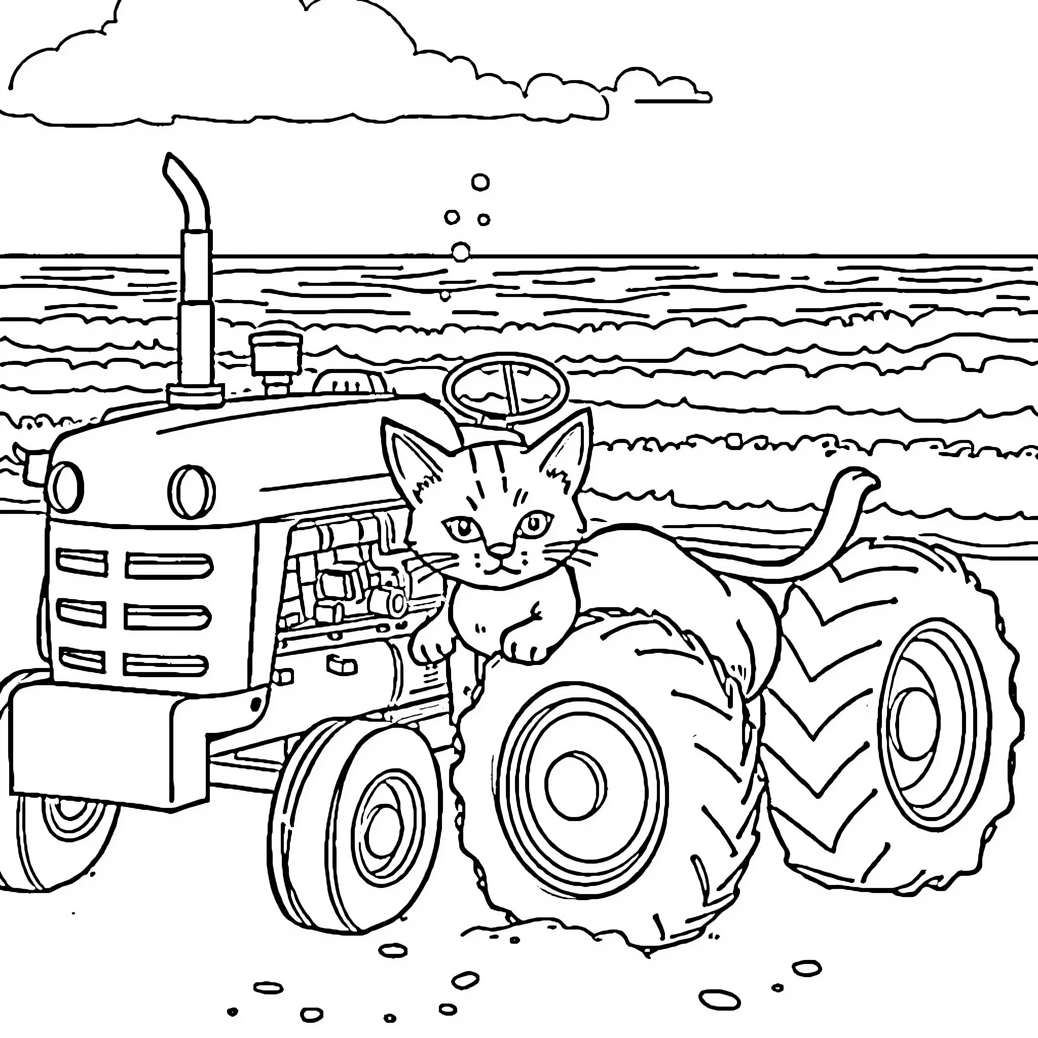 Gato driving tractor on the beach Coloring Page (free black-and-white line drawing printable PDF for all, from beginners to advanced learners, including children, teens, adults, and seniors)