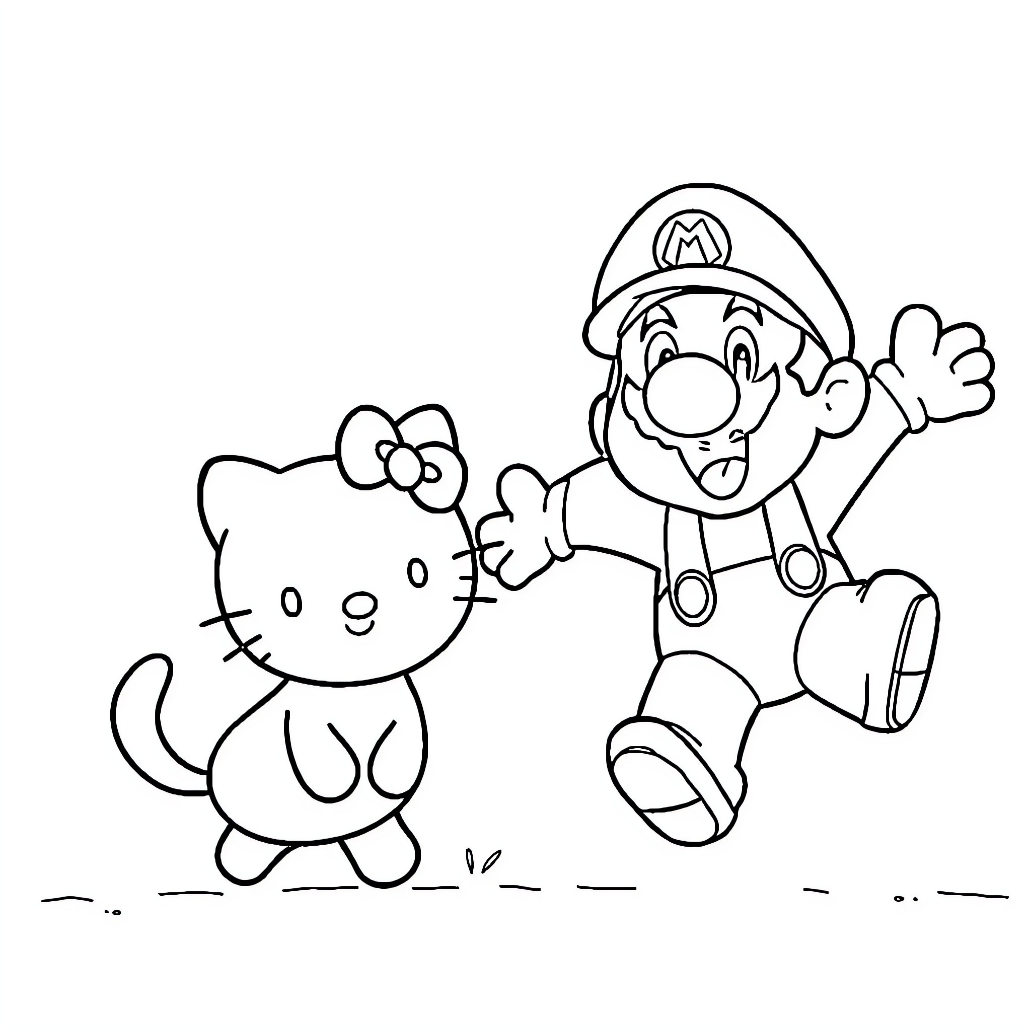 Hello Kitty and Mario playing together Coloring Page (free black-and-white line drawing printable PDF for all, from beginners to advanced learners, including children, teens, adults, and seniors)