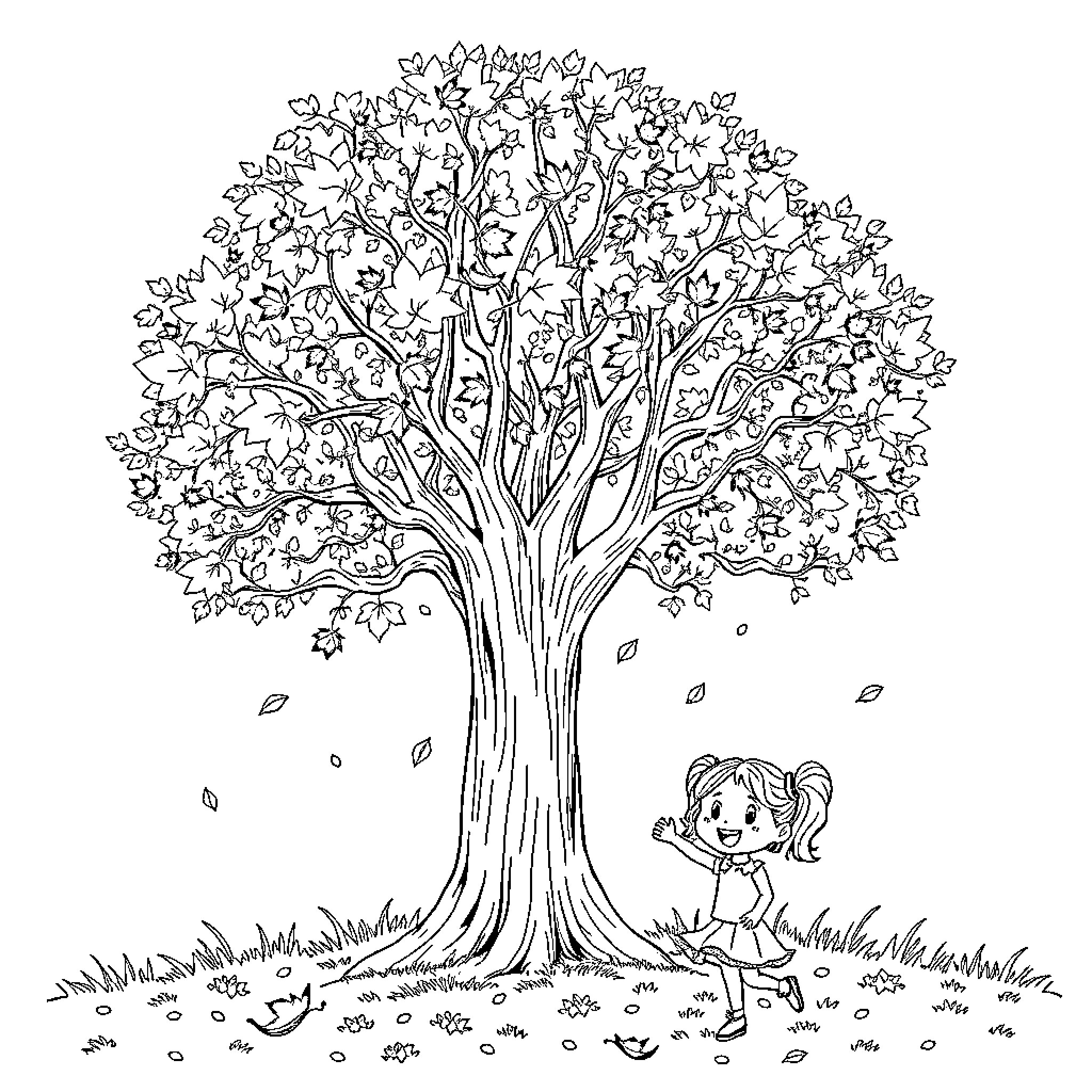 Tree with Joyful Girl Playing Beneath Coloring Page (free black-and-white line drawing printable PDF for all, from beginners to advanced learners, including children, teens, adults, and seniors)