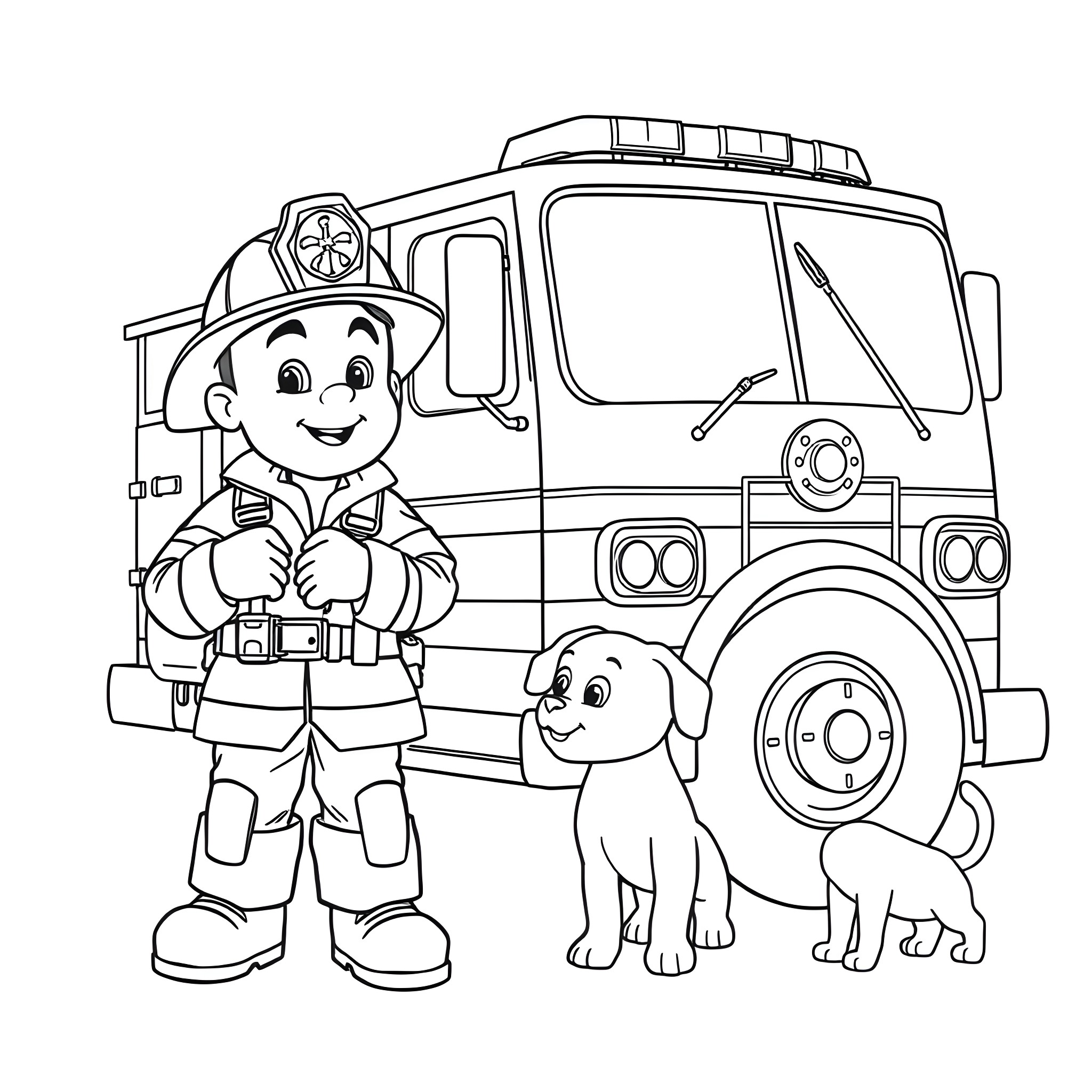 Firefighter with dog rescuing from emergency scene Coloring Page (free black-and-white line drawing printable PDF for all, from beginners to advanced learners, including children, teens, adults, and seniors)