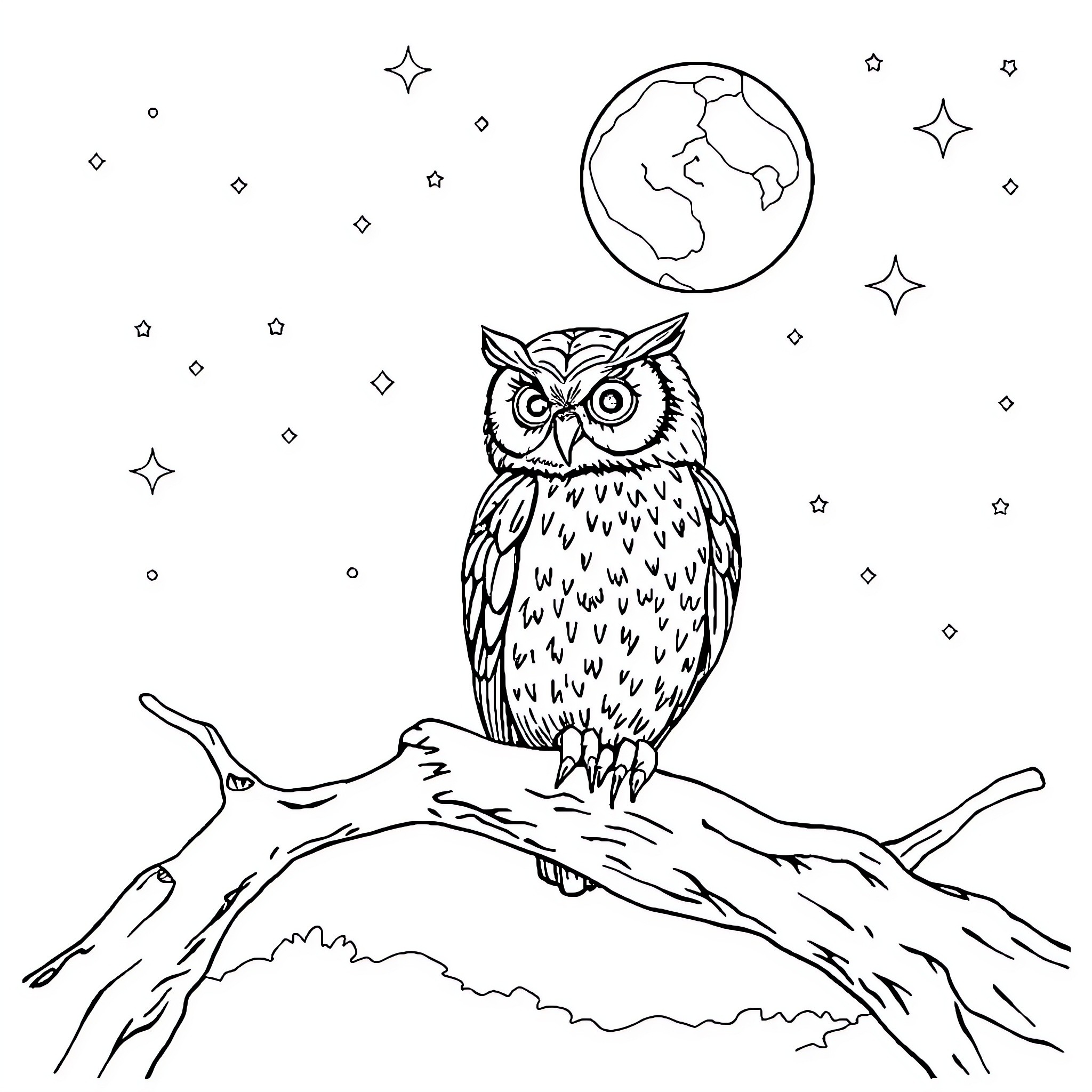 Owl gazing at the earth and stars Coloring Page (free black-and-white line drawing printable PDF for all, from beginners to advanced learners, including children, teens, adults, and seniors)