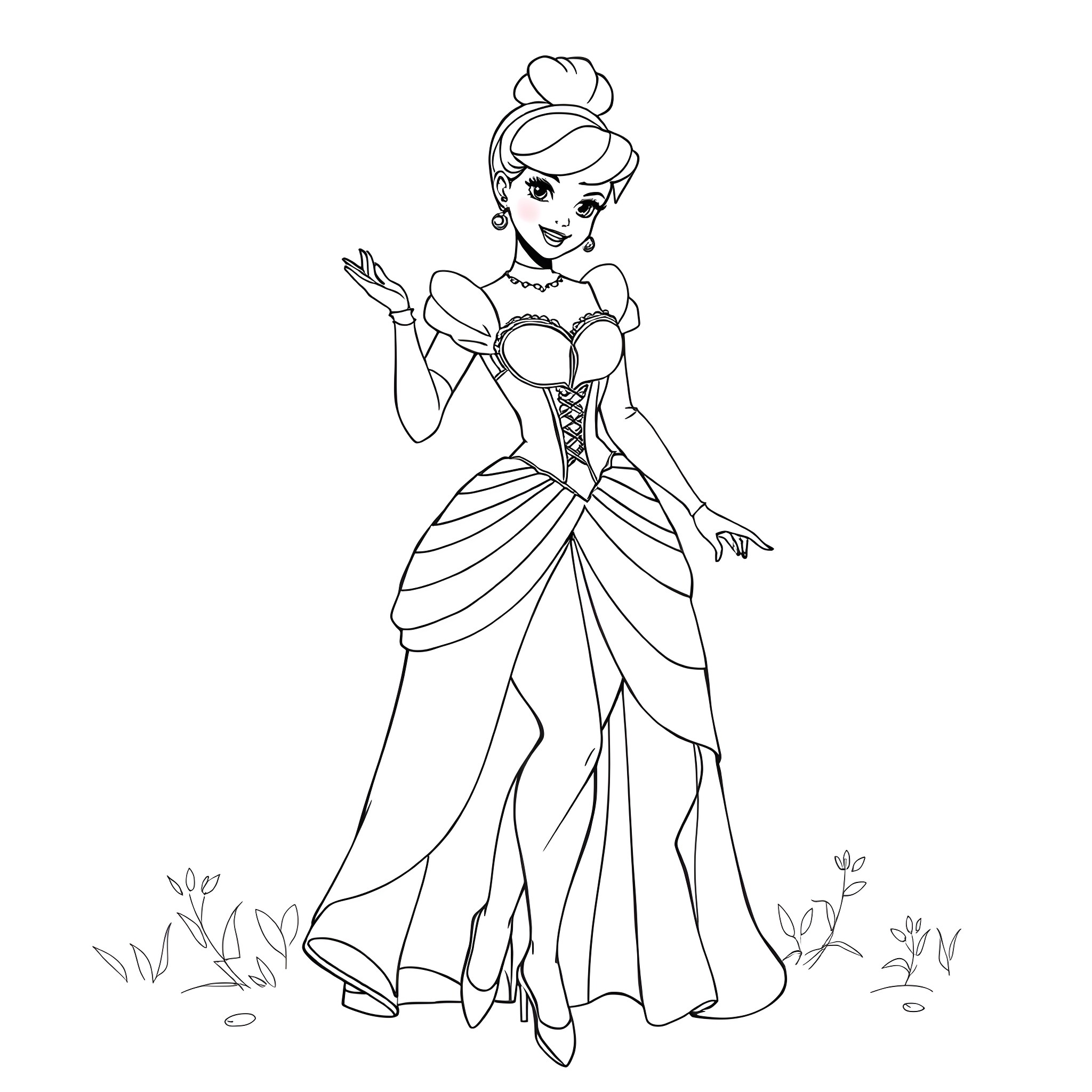 Cinderella in elegant ball gown posing gracefully Coloring Page (free black-and-white line drawing printable PDF for all, from beginners to advanced learners, including children, teens, adults, and seniors)