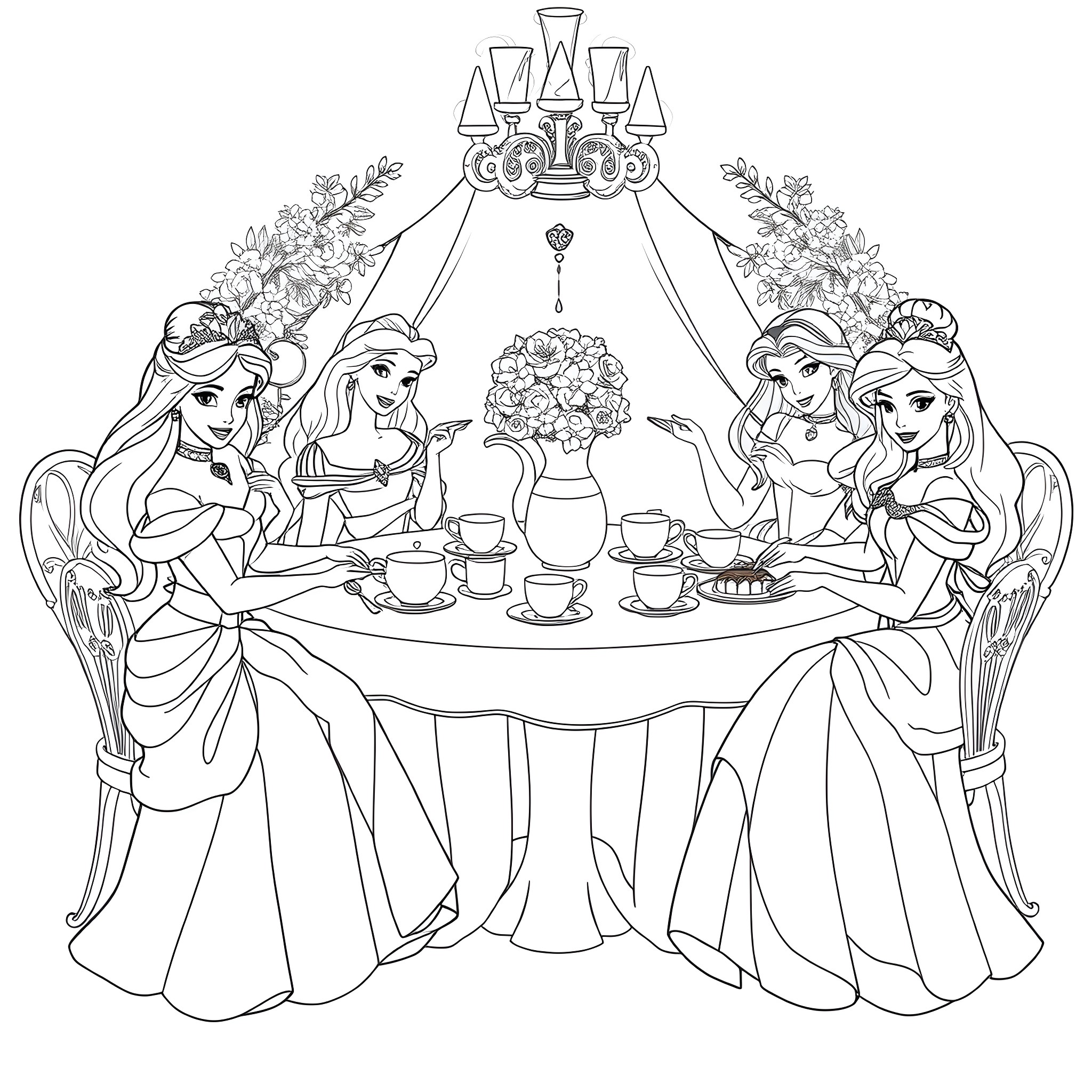 Disney Princesses Enjoying a Formal Tea Party Coloring Page (free black-and-white line drawing printable PDF for all, from beginners to advanced learners, including children, teens, adults, and seniors)