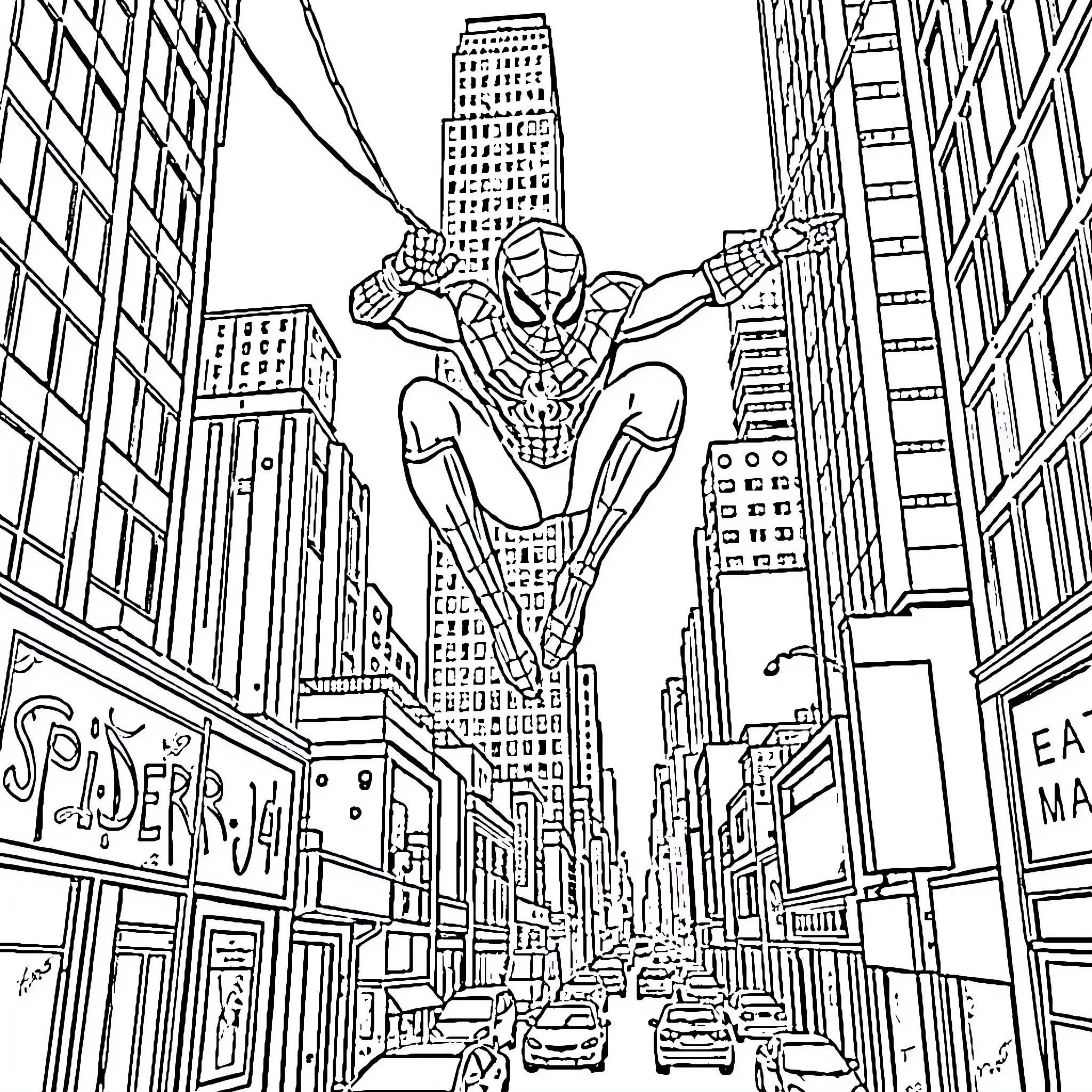 Spiderman swinging through the city skyline Coloring Page (free black-and-white line drawing printable PDF for all, from beginners to advanced learners, including children, teens, adults, and seniors)