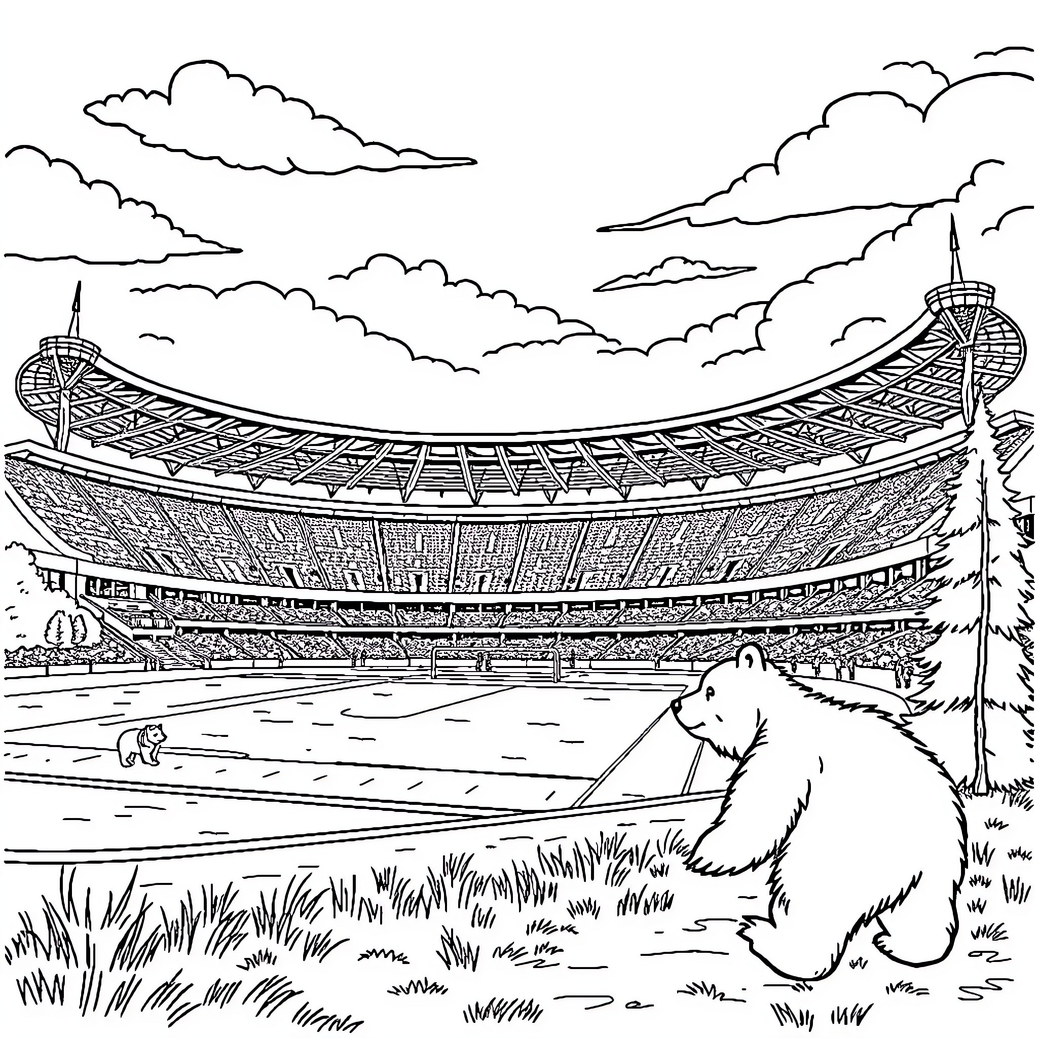 Bear exploring majestic stadium in the wilderness Coloring Page (free black-and-white line drawing printable PDF for all, from beginners to advanced learners, including children, teens, adults, and seniors)