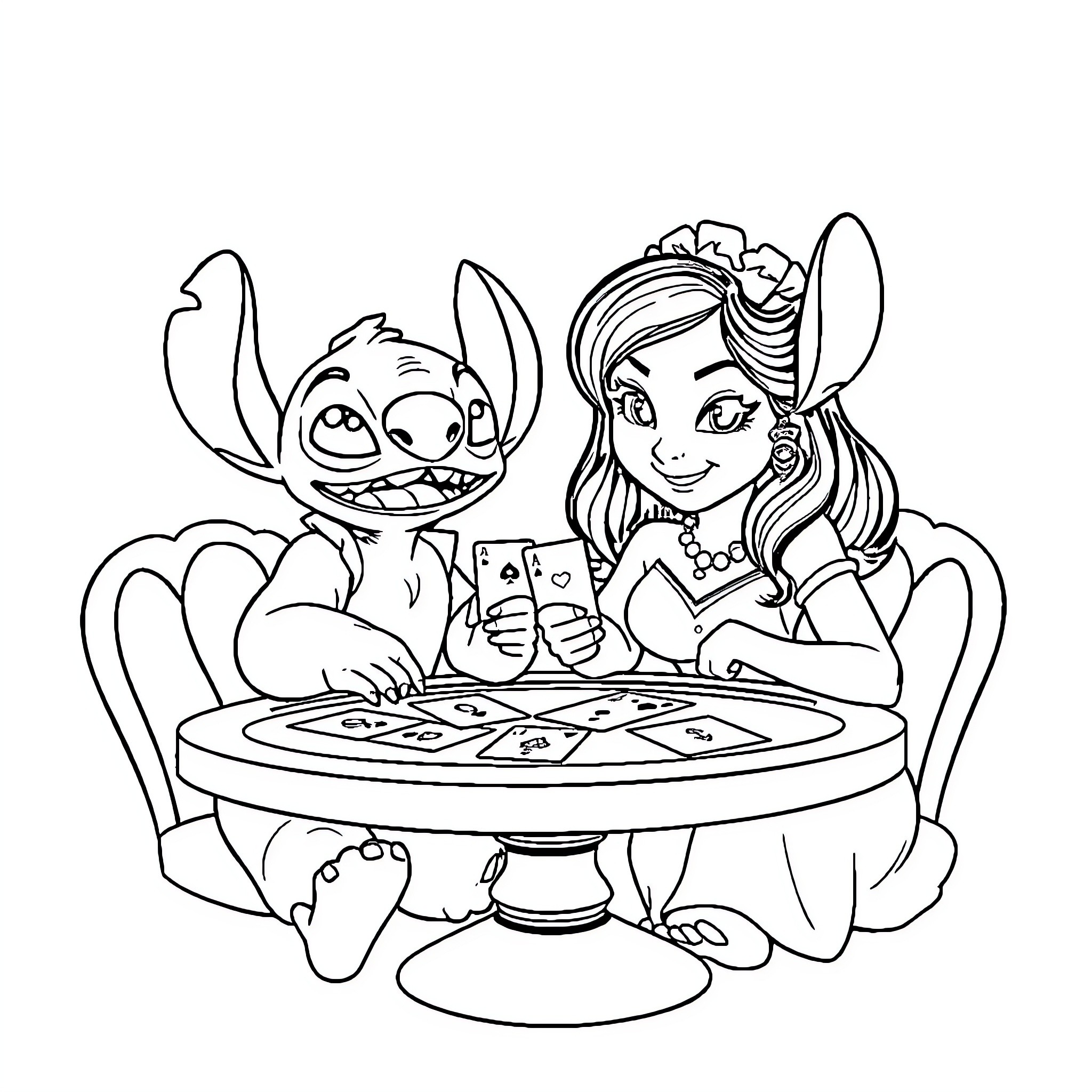 Lilo and Stitch Enjoy a Fun Activity Together Coloring Page (free black-and-white line drawing printable PDF for all, from beginners to advanced learners, including children, teens, adults, and seniors)
