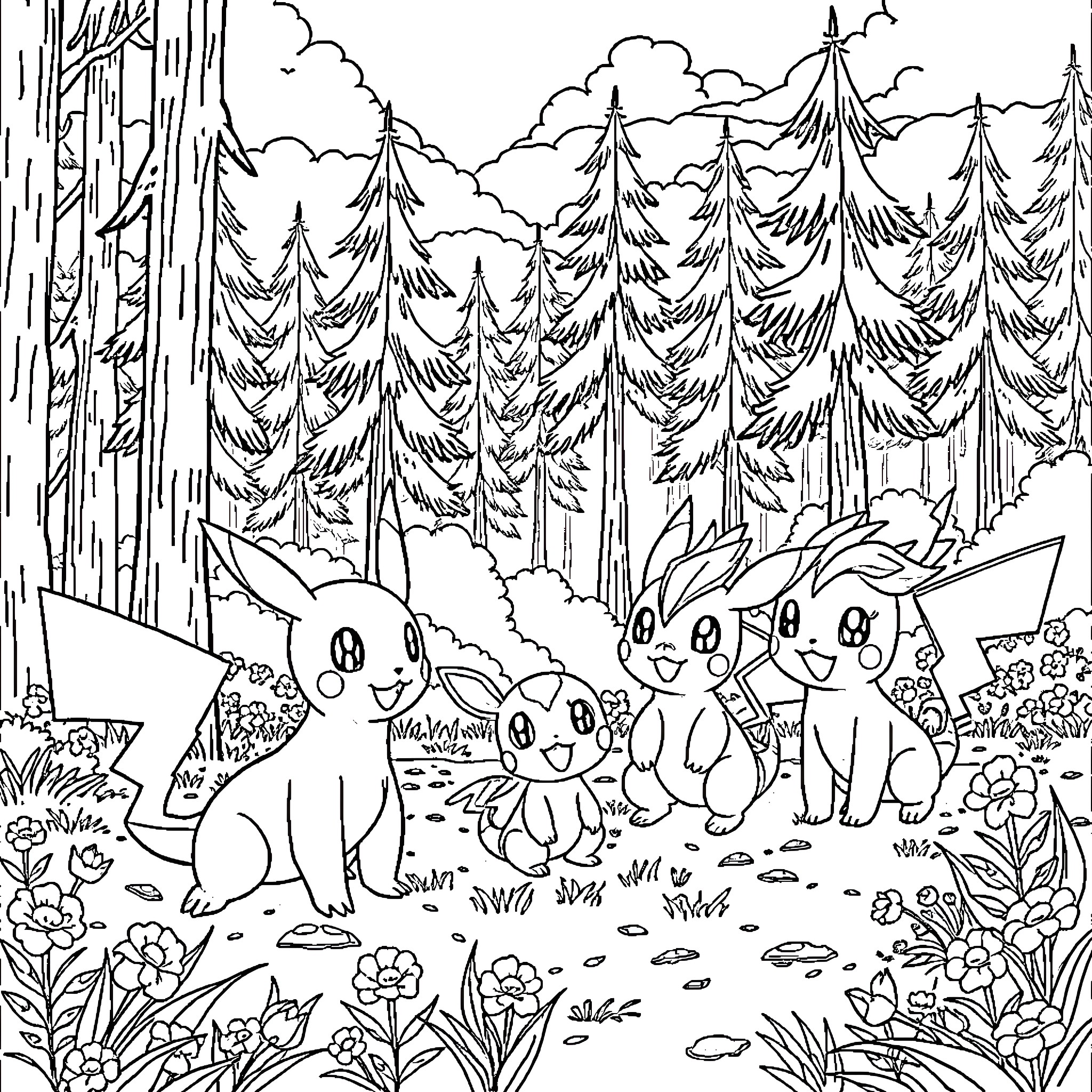 Starter Pokemon playing in the forest Coloring Page (free black-and-white line drawing printable PDF for all, from beginners to advanced learners, including children, teens, adults, and seniors)