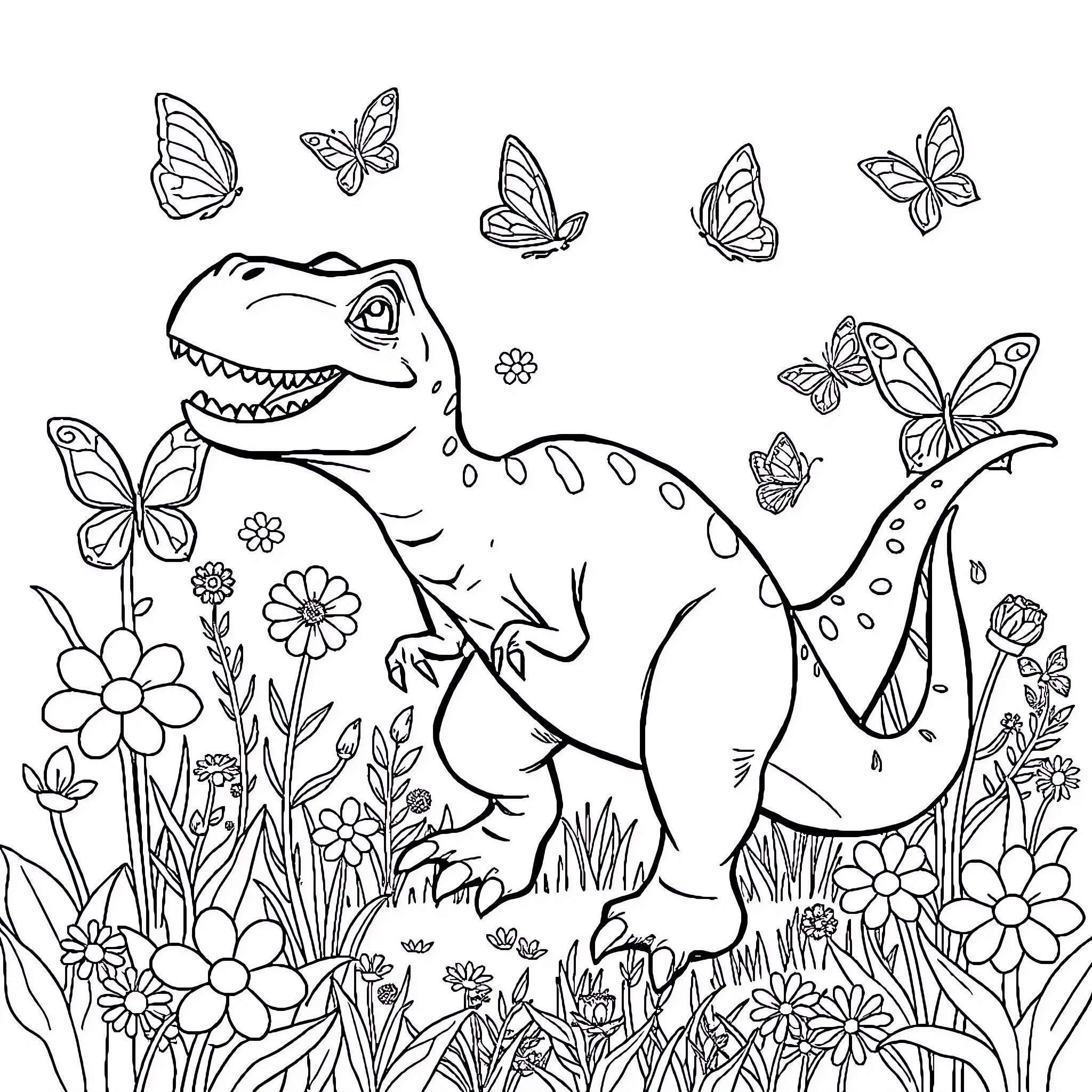 T-Rex among butterflies and flowers Coloring Page (free black-and-white line drawing printable PDF for all, from beginners to advanced learners, including children, teens, adults, and seniors)