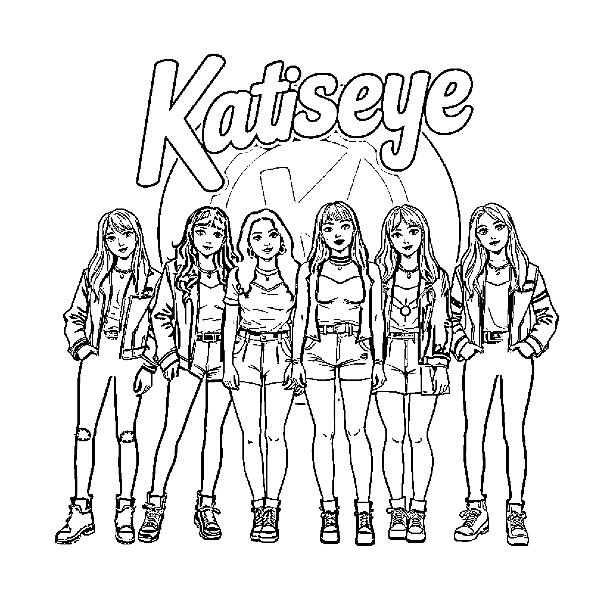Girlband posing together in casual outfits Coloring Page (free black-and-white line drawing printable PDF for all, from beginners to advanced learners, including children, teens, adults, and seniors)