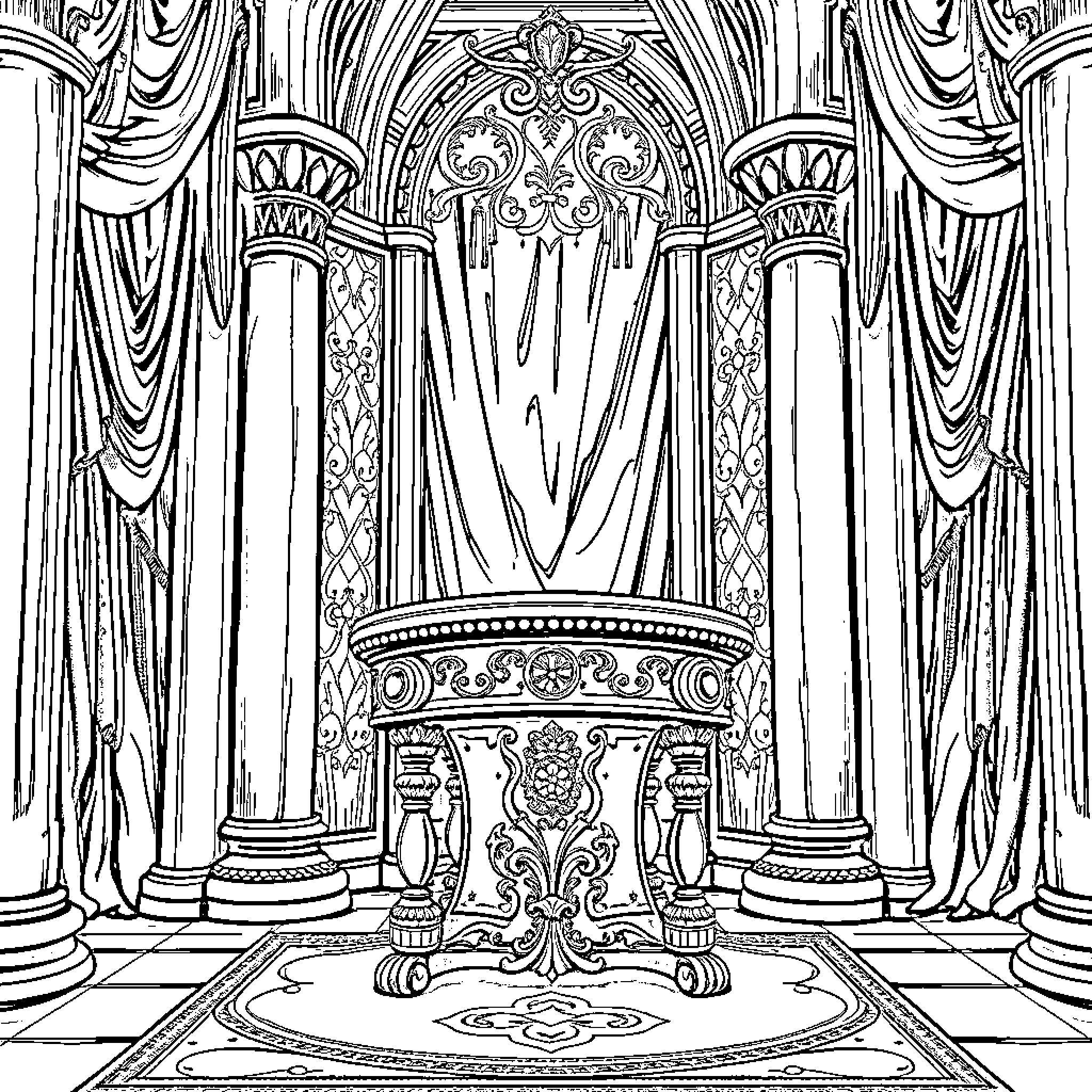 Stool in a grand ornate chamber Coloring Page (free black-and-white line drawing printable PDF for all, from beginners to advanced learners, including children, teens, adults, and seniors)