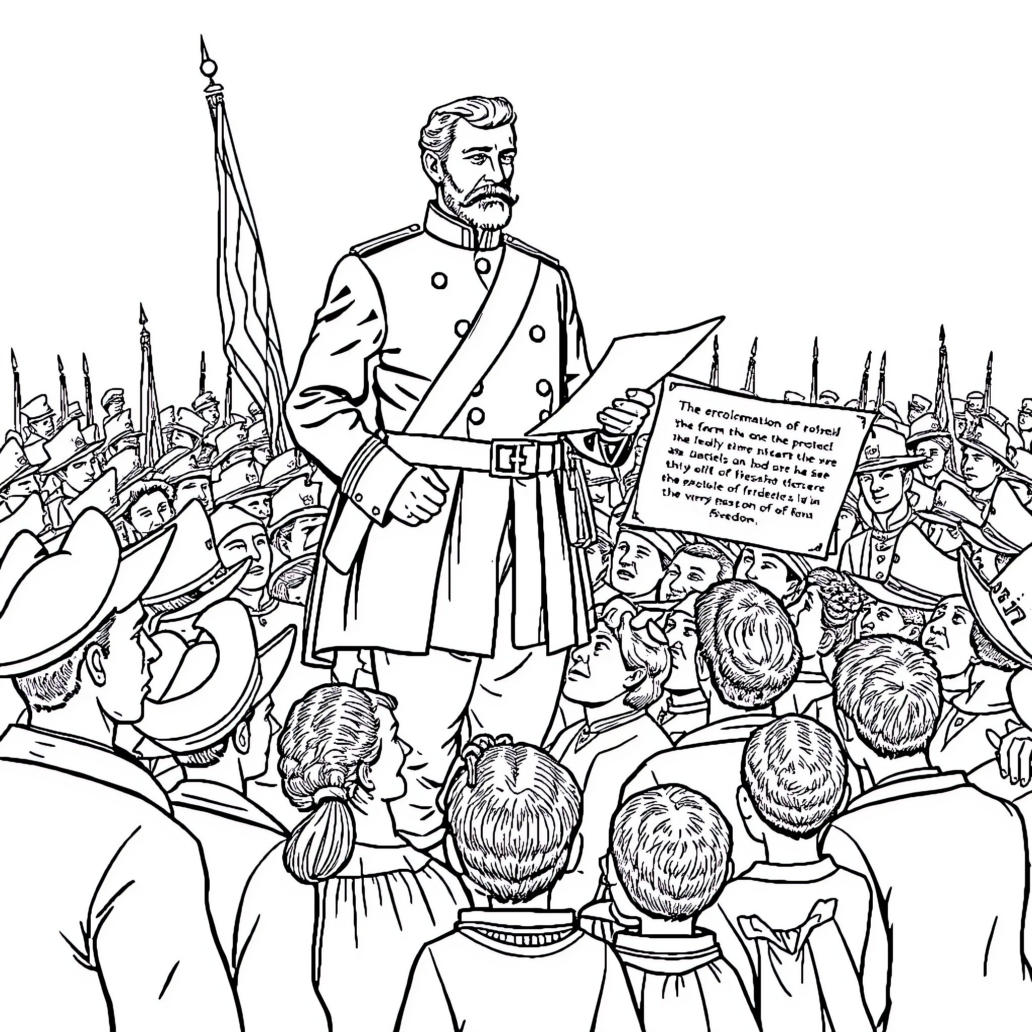 General Scene of Leader Addressing Crowd Coloring Page (free black-and-white line drawing printable PDF for all, from beginners to advanced learners, including children, teens, adults, and seniors)