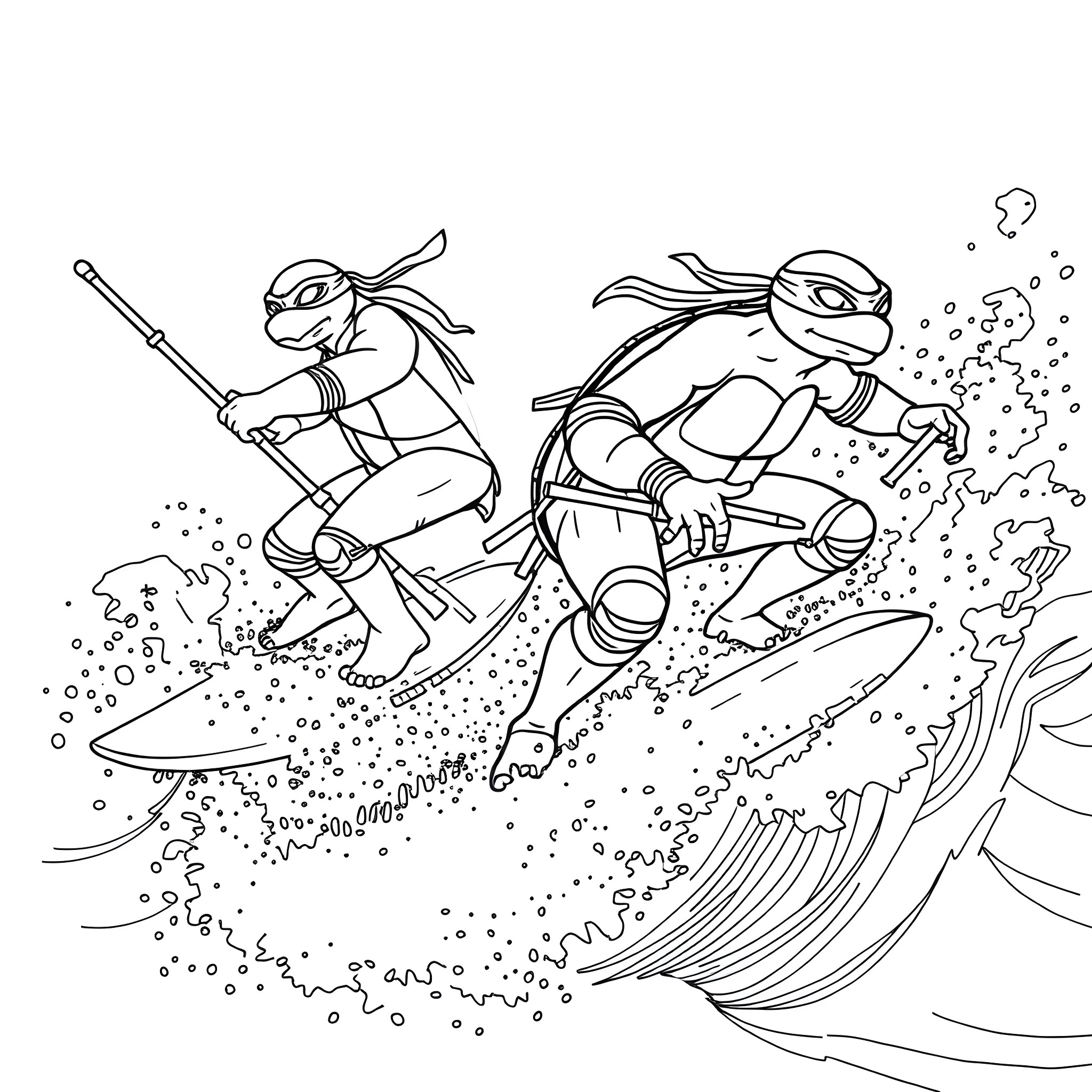 Ninja Turtle surfing waves in action Coloring Page (free black-and-white line drawing printable PDF for all, from beginners to advanced learners, including children, teens, adults, and seniors)