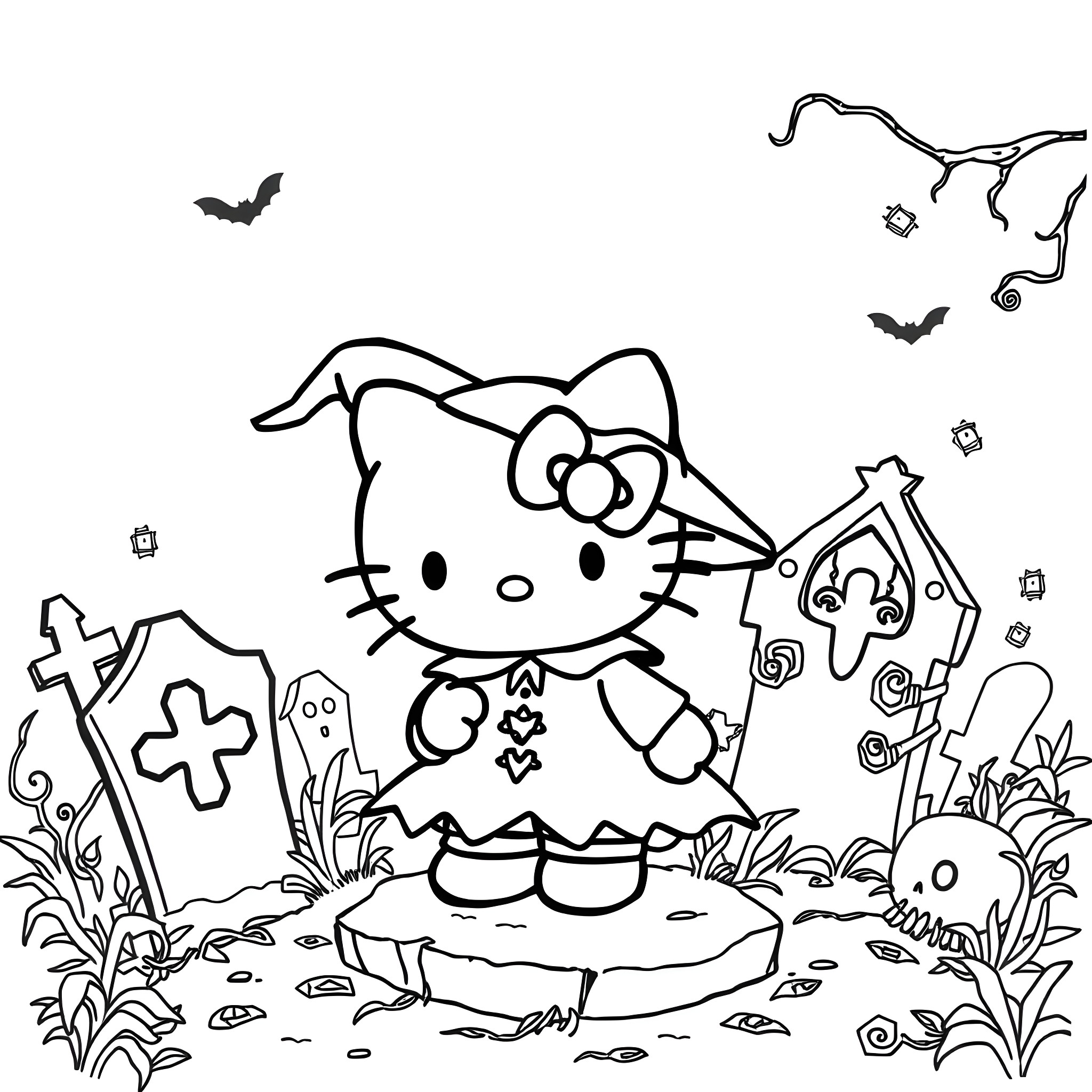 Hello Kitty enjoying spooky Halloween scenery Coloring Page (free black-and-white line drawing printable PDF for all, from beginners to advanced learners, including children, teens, adults, and seniors)