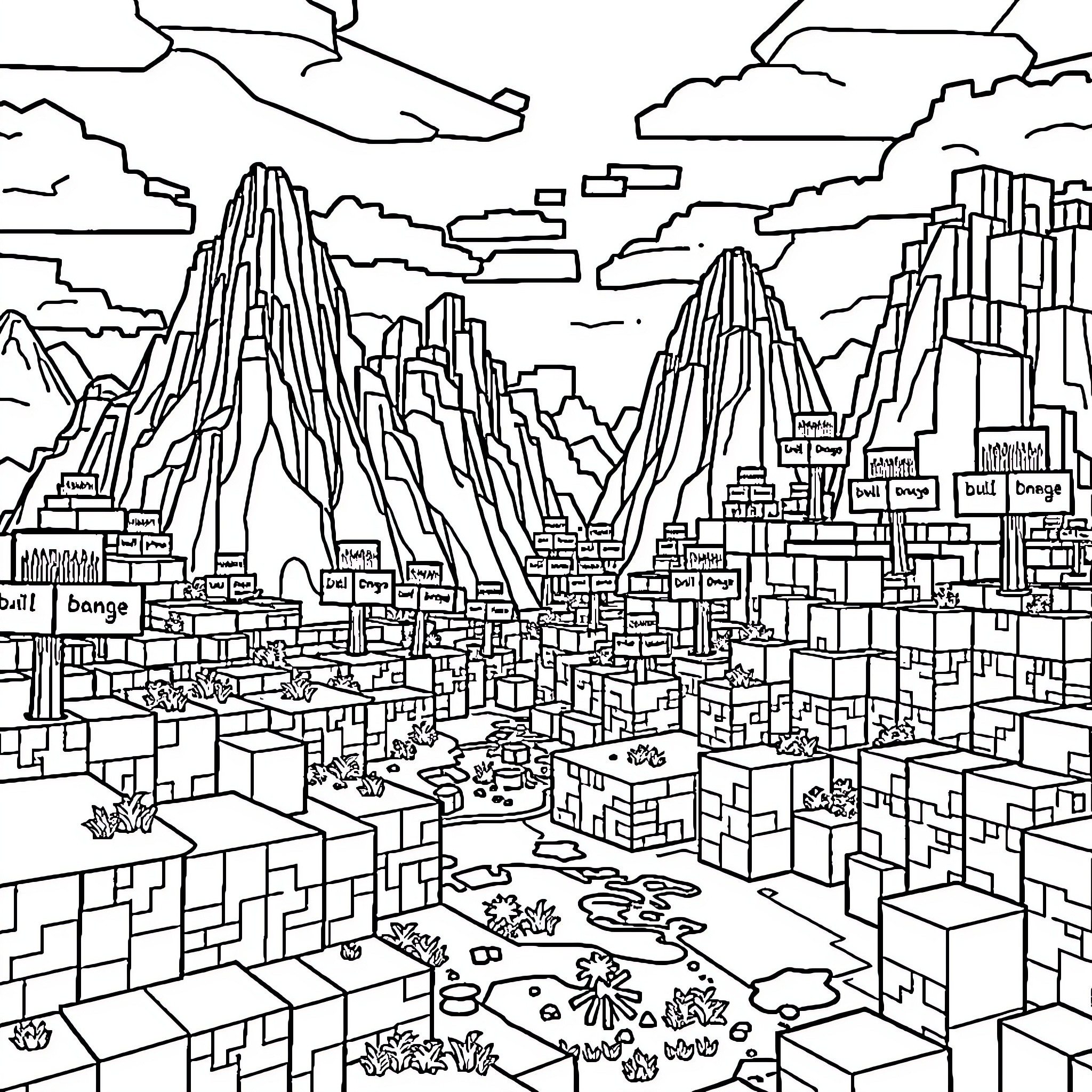 Minecraft Blocky City with Towering Mountains Coloring Page (free black-and-white line drawing printable PDF for all, from beginners to advanced learners, including children, teens, adults, and seniors)