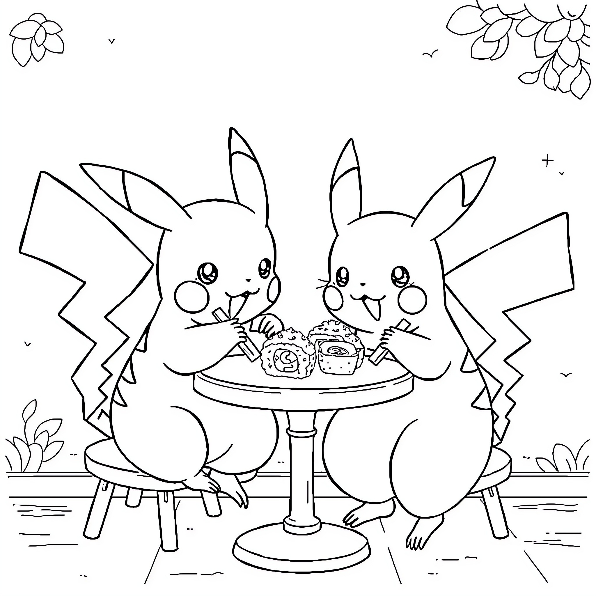 Sacha's Teatime with Pikachu Companions Coloring Page (free black-and-white line drawing printable PDF for all, from beginners to advanced learners, including children, teens, adults, and seniors)