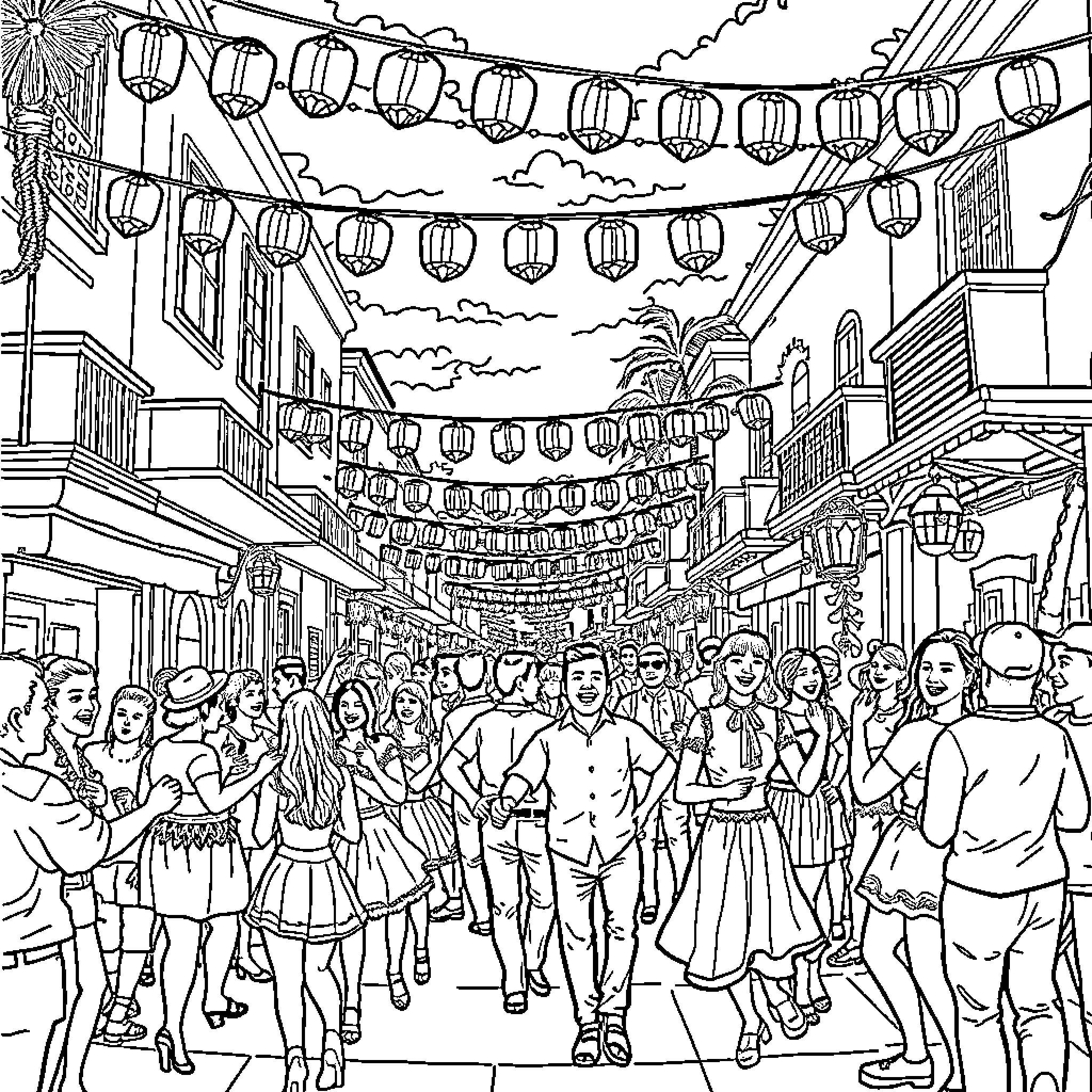 Fiesta in the Lively Street Festival Coloring Page (free black-and-white line drawing printable PDF for all, from beginners to advanced learners, including children, teens, adults, and seniors)