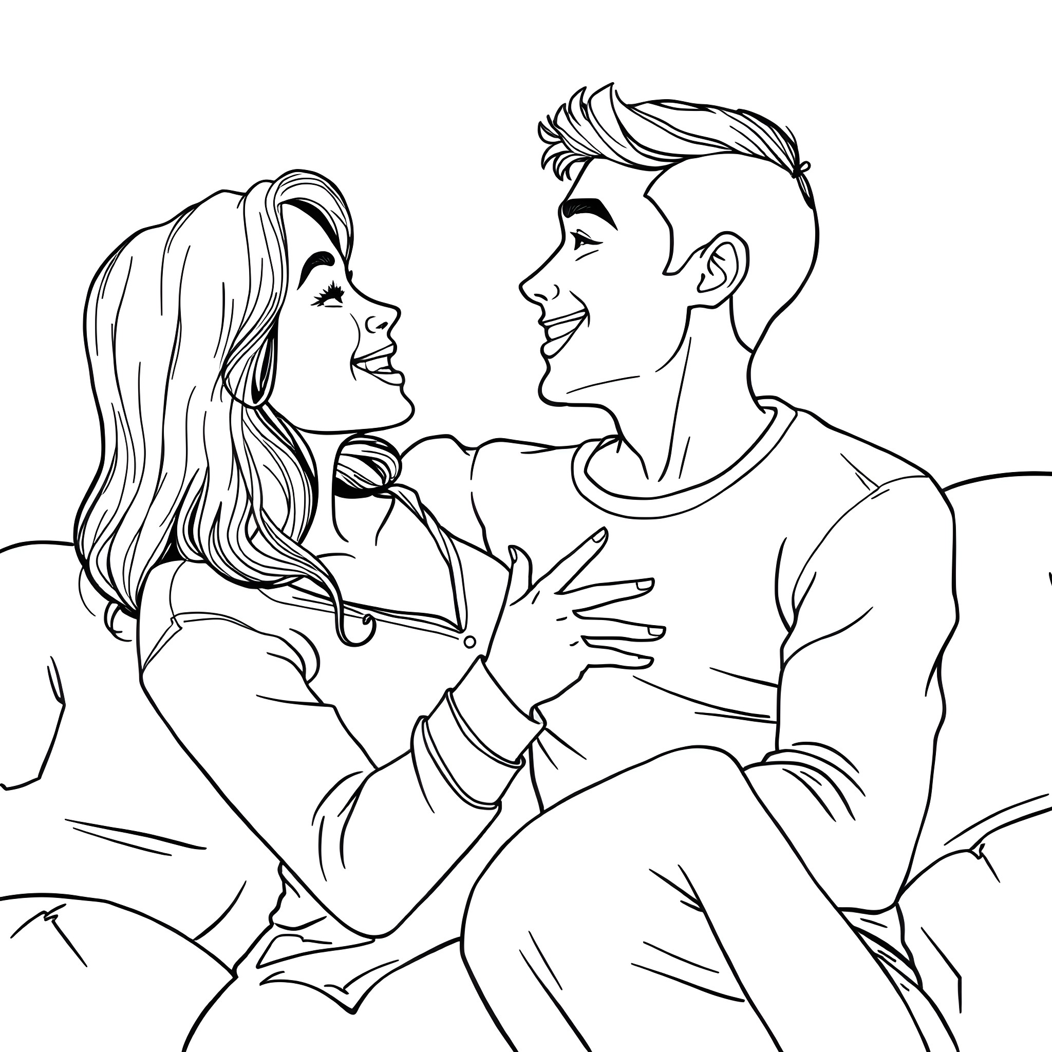 Cowgirl couple in romantic embrace Coloring Page (free black-and-white line drawing printable PDF for all, from beginners to advanced learners, including children, teens, adults, and seniors)