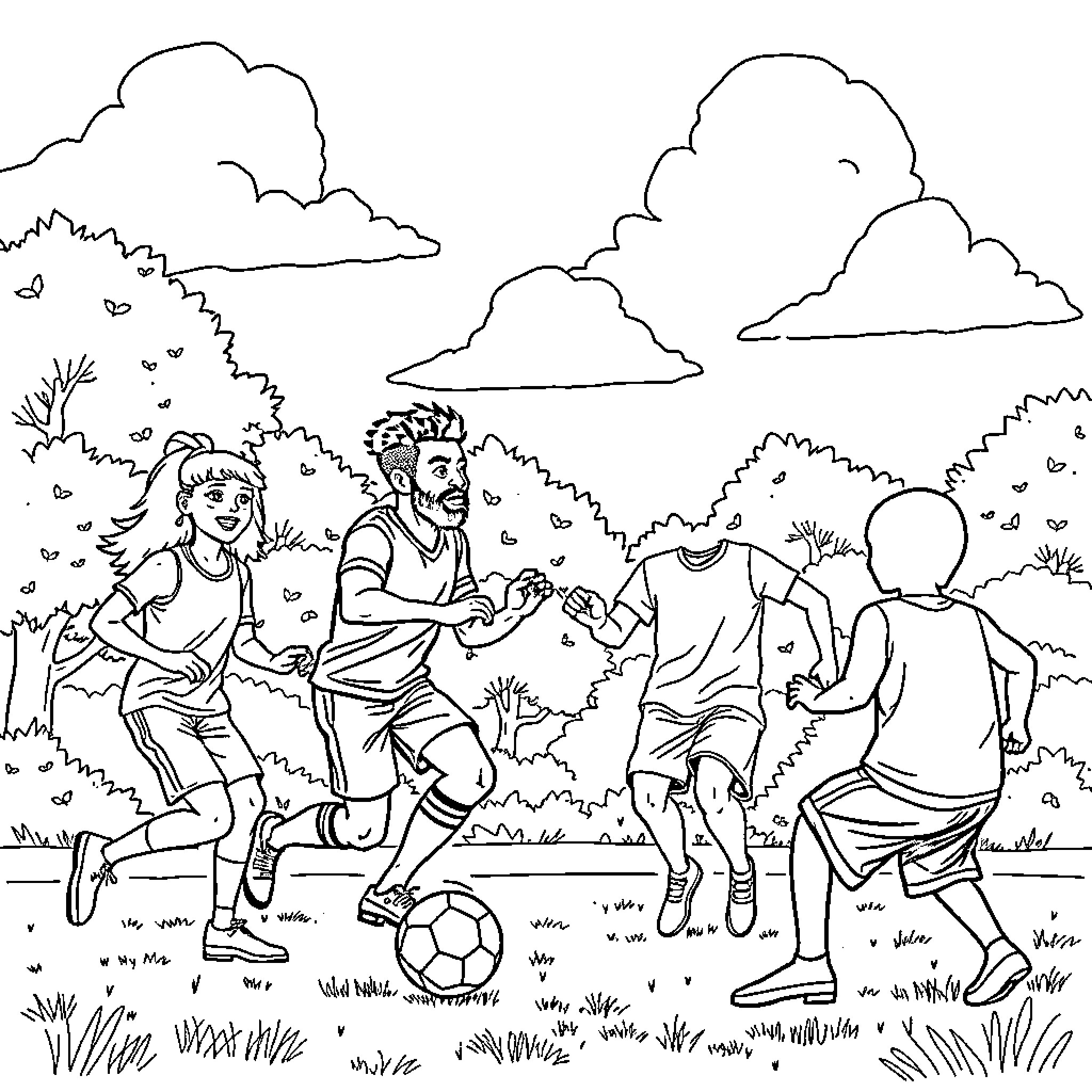 Jimmy Uso playing soccer with friends in the park Coloring Page (free black-and-white line drawing printable PDF for all, from beginners to advanced learners, including children, teens, adults, and seniors)