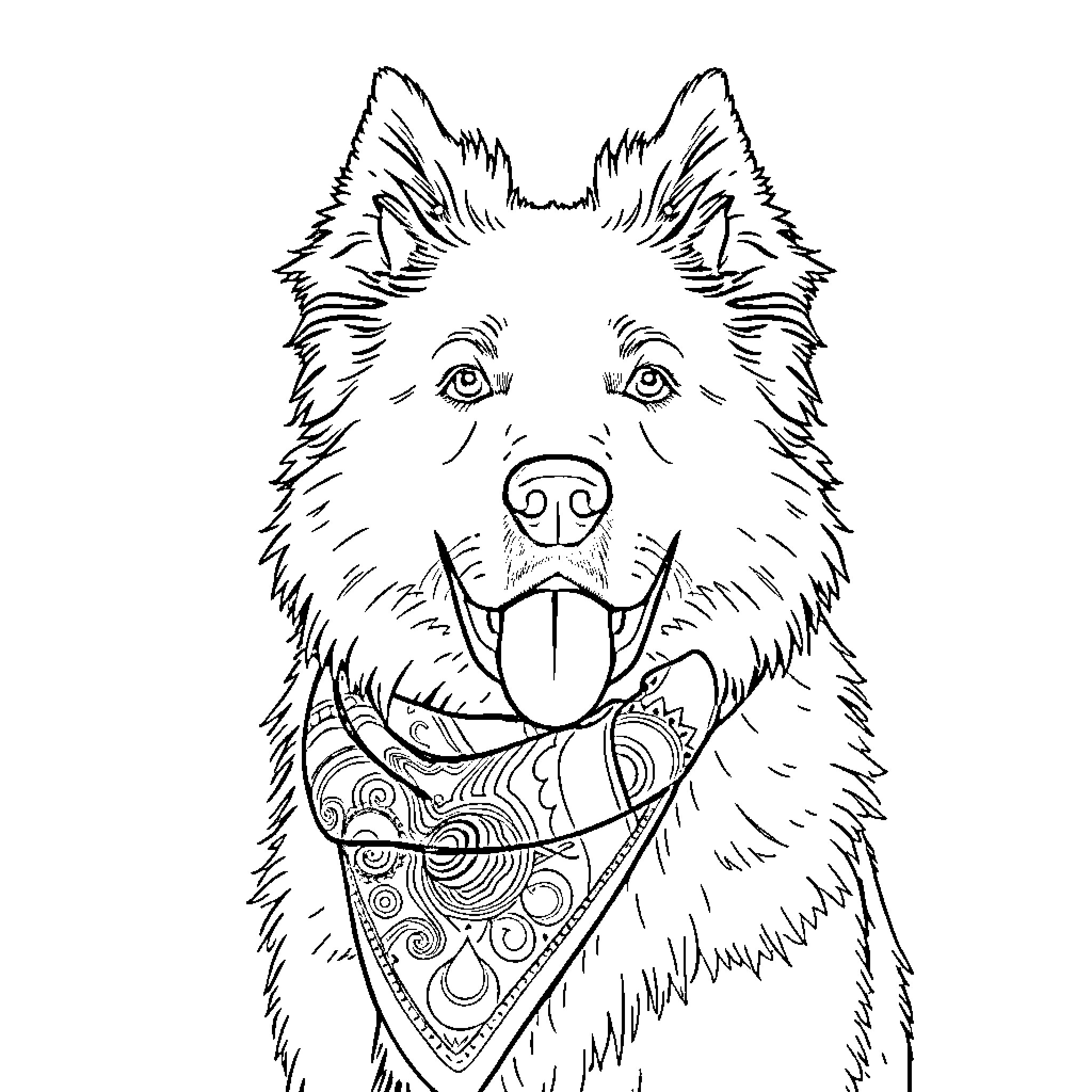 Great Pyrenees Wearing Bandana and Gazing Intently Coloring Page (free black-and-white line drawing printable PDF for all, from beginners to advanced learners, including children, teens, adults, and seniors)