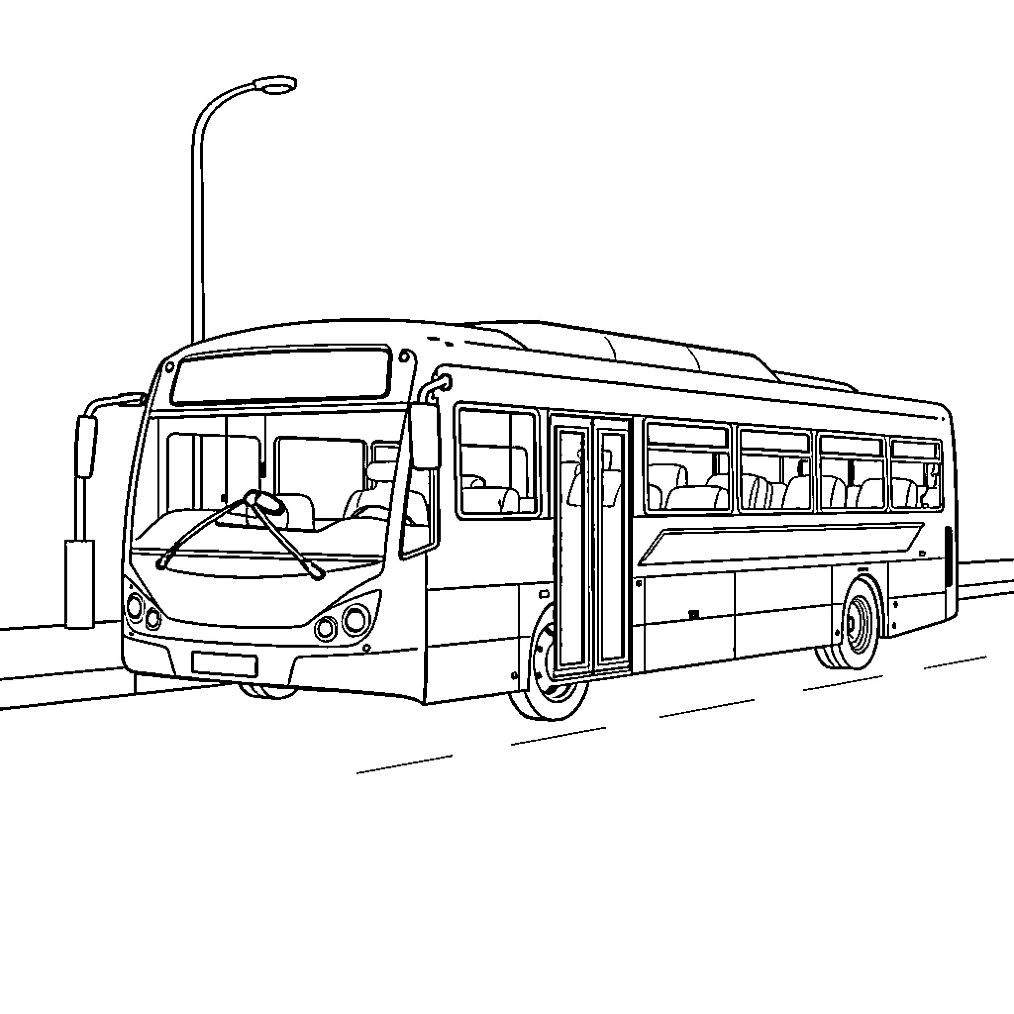Bus transporting passengers on the road Coloring Page (free black-and-white line drawing printable PDF for all, from beginners to advanced learners, including children, teens, adults, and seniors)