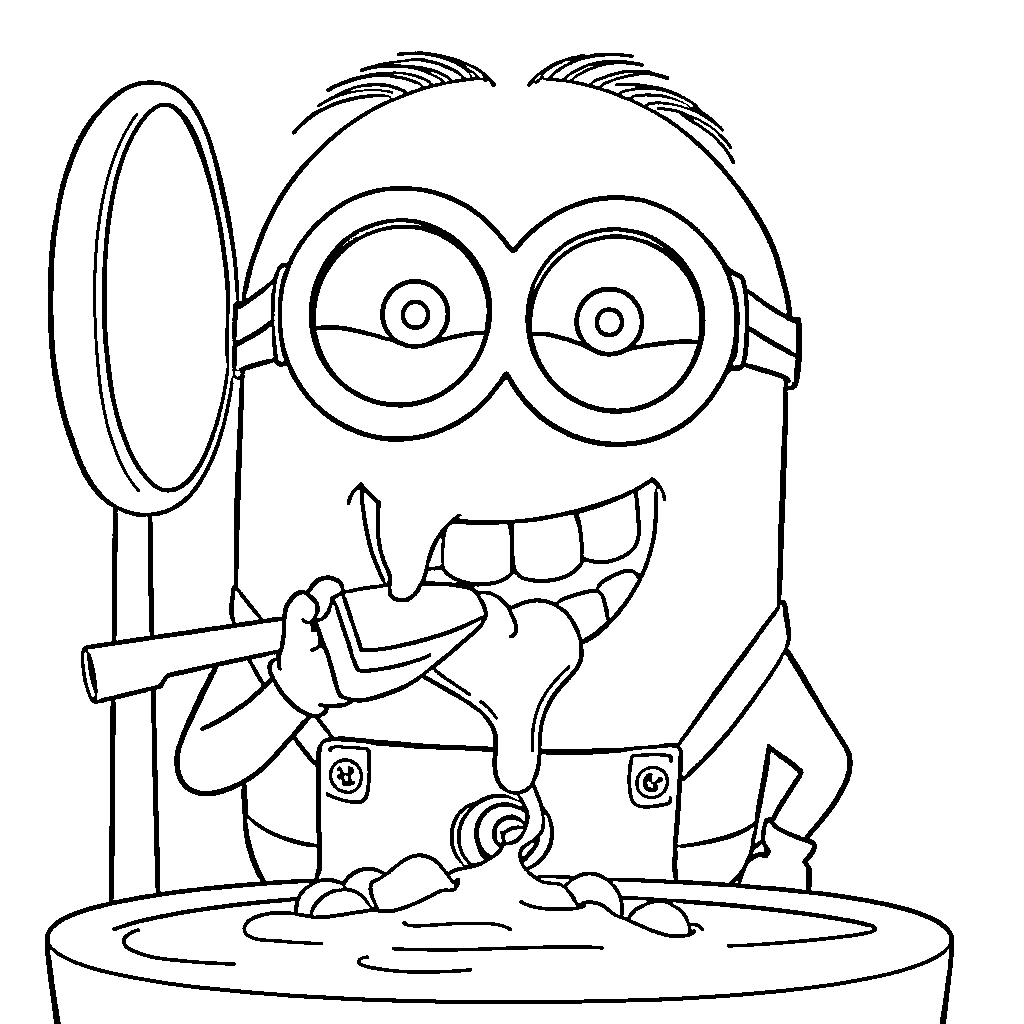 Minion Brushing Teeth in Mirror Coloring Page (free black-and-white line drawing printable PDF for all, from beginners to advanced learners, including children, teens, adults, and seniors)