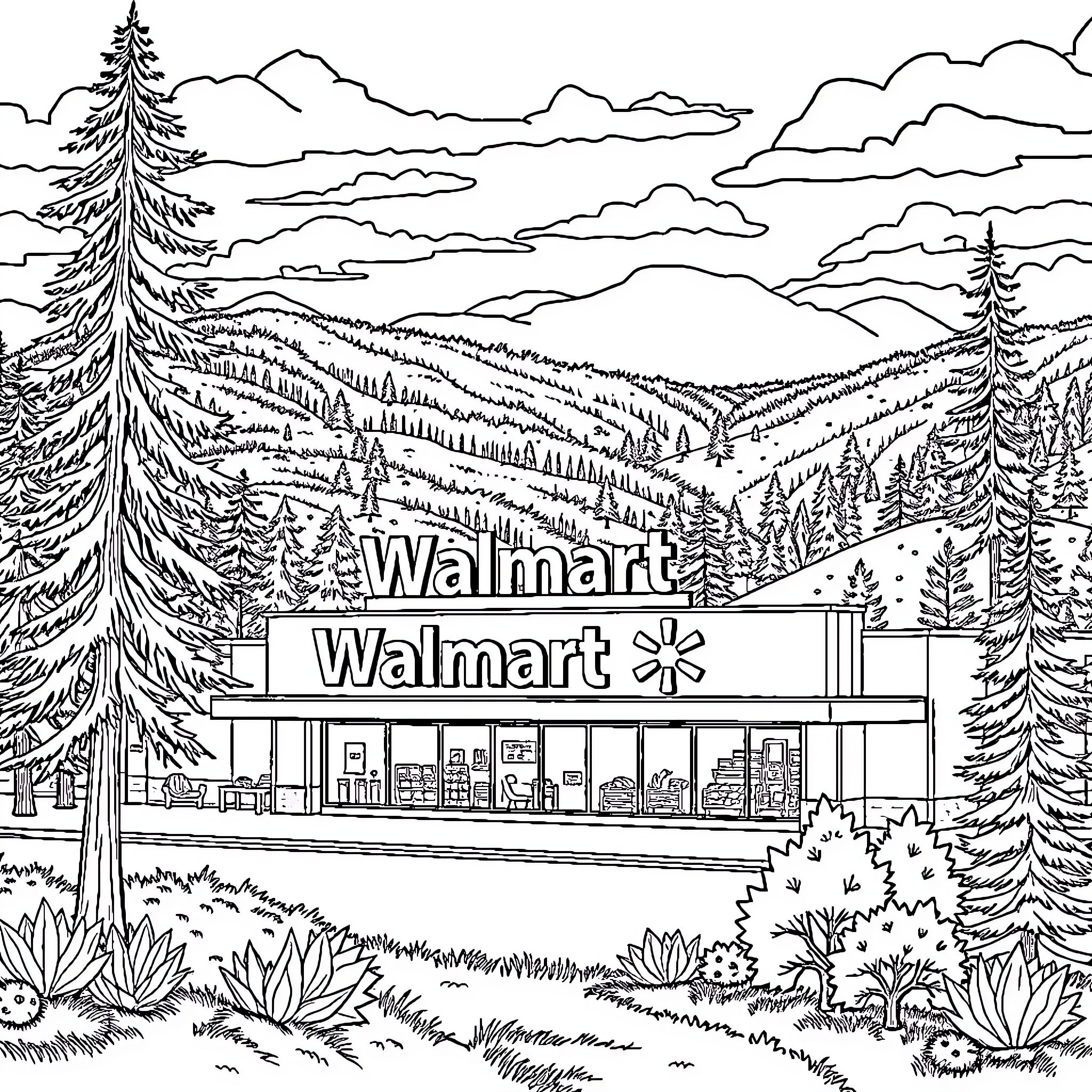 Walmart store nestled in scenic mountain landscape Coloring Page (free black-and-white line drawing printable PDF for all, from beginners to advanced learners, including children, teens, adults, and seniors)
