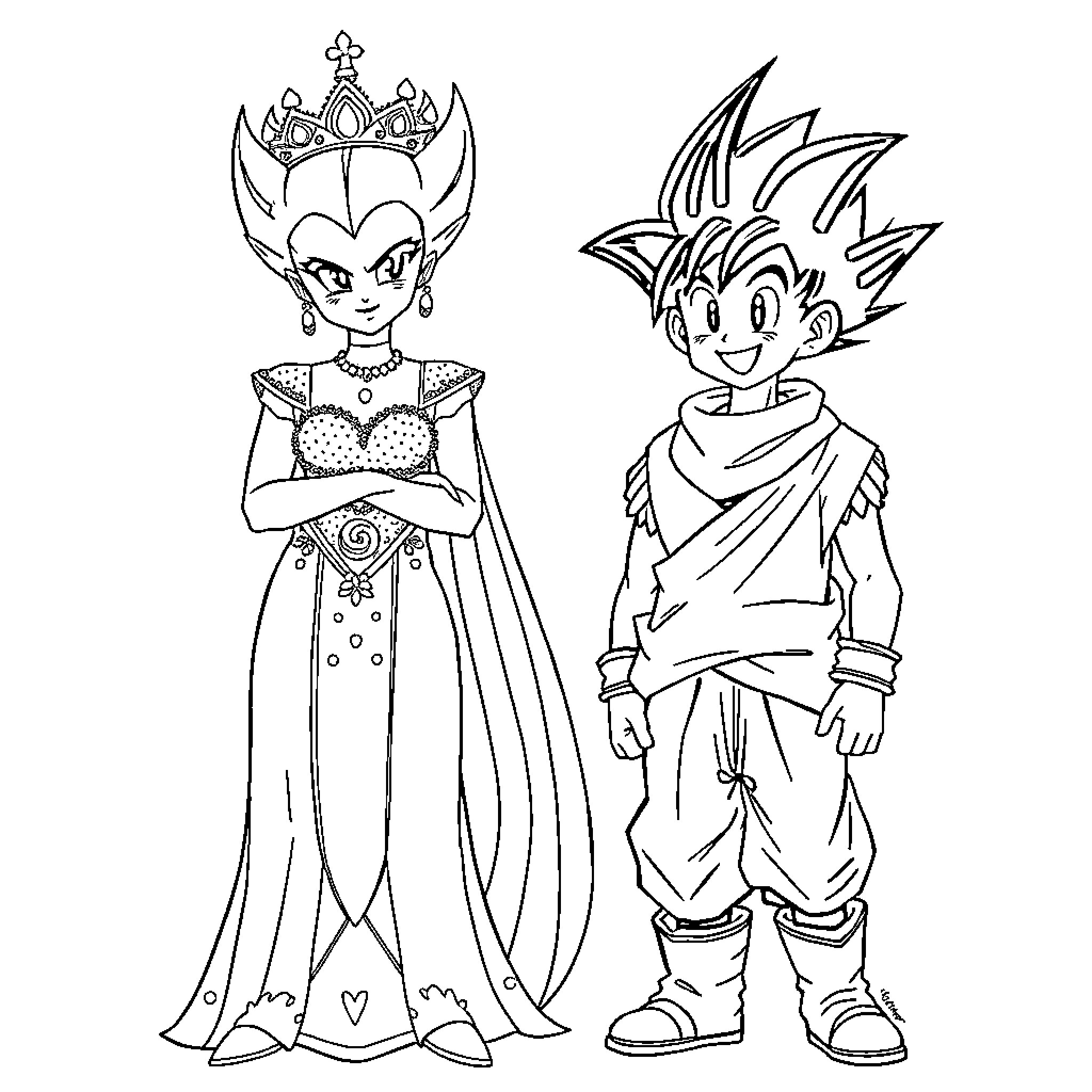 Vegeta and Goku in Regal and Heroic Attire Coloring Page (free black-and-white line drawing printable PDF for all, from beginners to advanced learners, including children, teens, adults, and seniors)