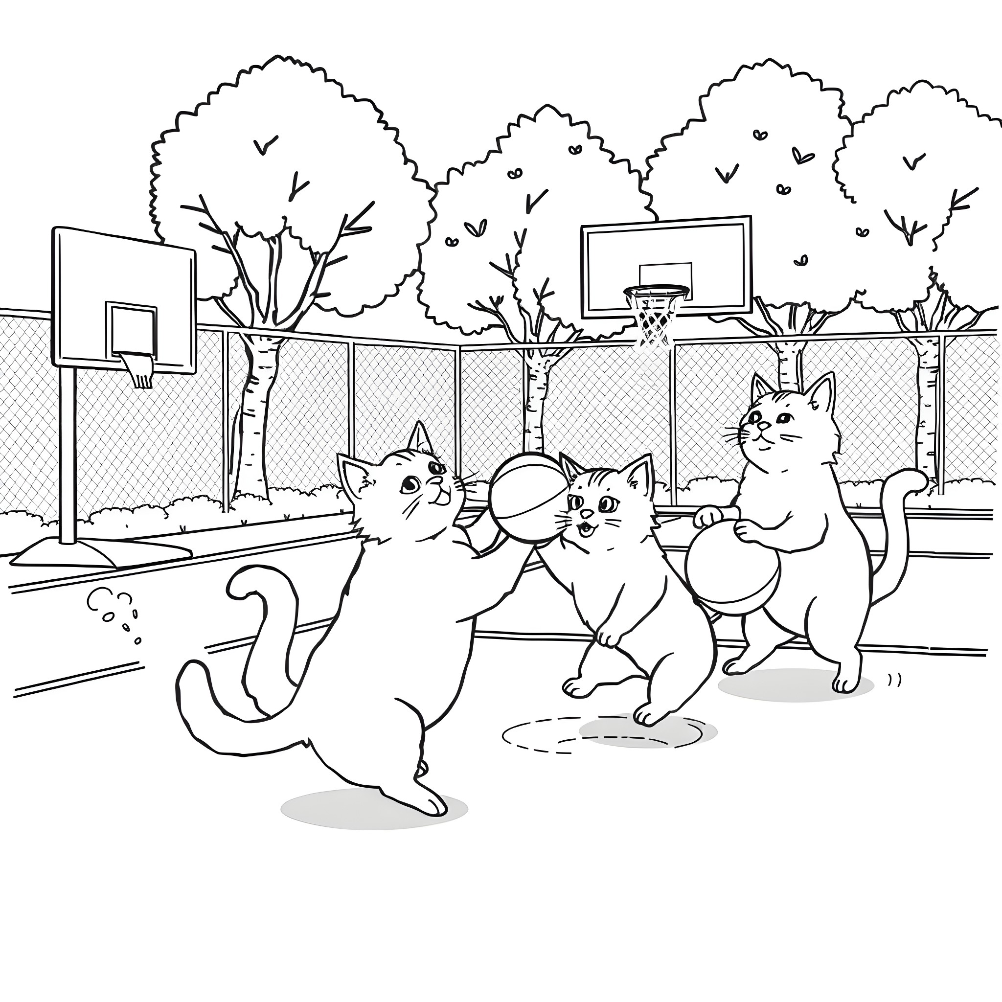 Cats playing basketball on a court Coloring Page (free black-and-white line drawing printable PDF for all, from beginners to advanced learners, including children, teens, adults, and seniors)